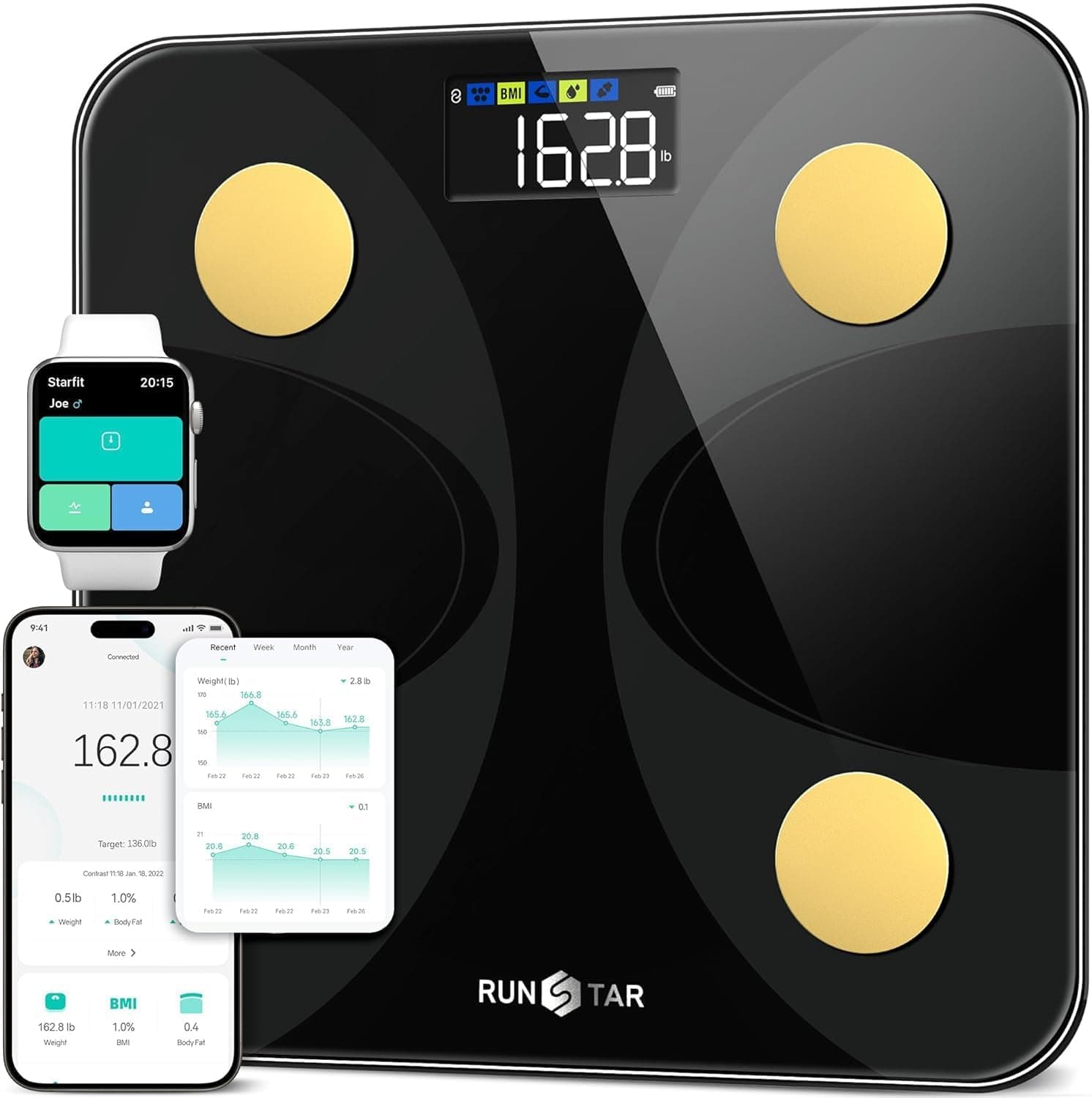 RunStar Bilancia pesapersone e percentuale grasso, Bilancia smart digitale e precisa con ampio display, Analizzatore di 13 dati di composizione corporea, Sync App - Oro Nero