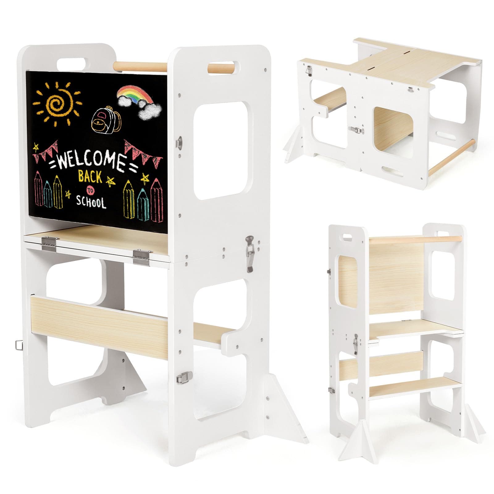 Labebe Torre de Aprendizaje, Montessori Torre Plegable per niño, Multifuncional Learning Tower con Pizarra, 3 en 1 Torretta Torre de Aprendizaje a Partir de 1 Año-Blanco y Madera