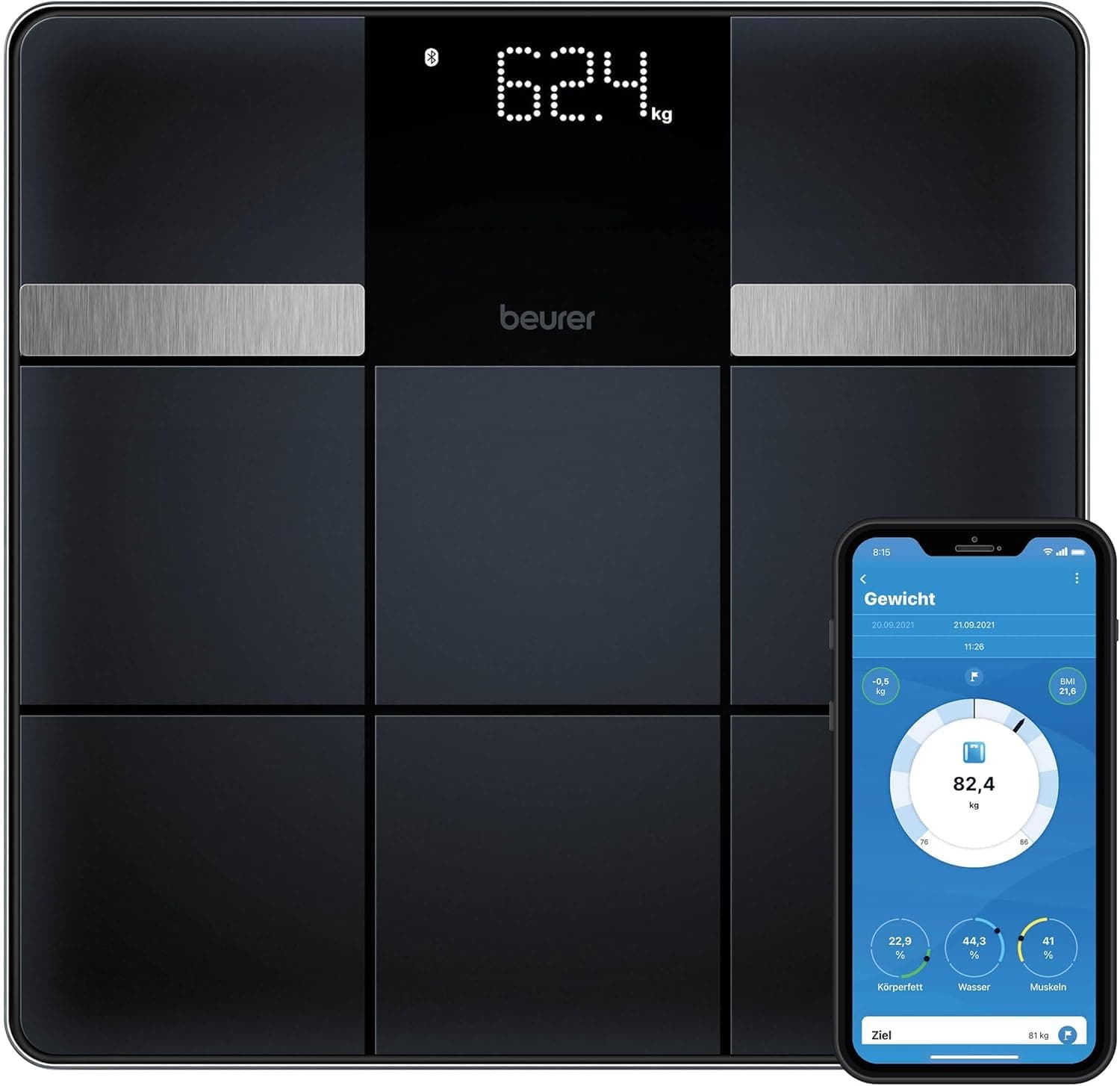 Beurer BF 450 bilancia pesapersone con connessione app tramite Bluetooth, bilancia impedenziometrica digitale con 17 valori di misurazione, struttura piastrellata opaca, 8 memorie utente, 180 kg