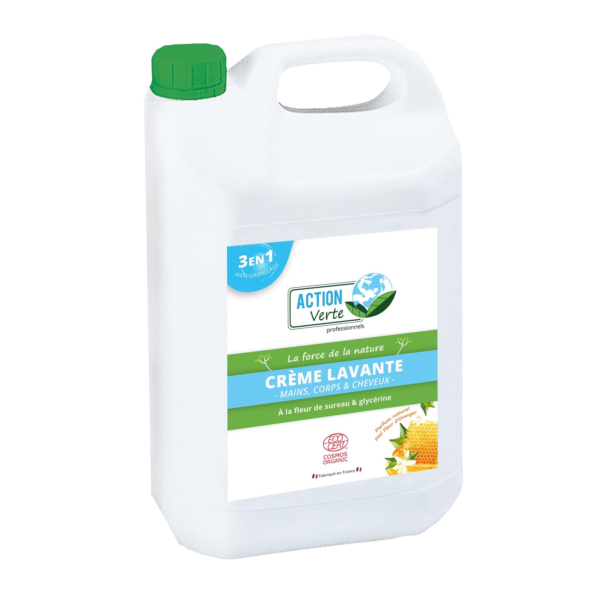 ACTION VERTE - Crème lavante - Nettoie les mains, corps & cheveux - Certification Ecocert - Formule naturelle - Parfum fleur d'oranger et miel- 5L - Fabrication française