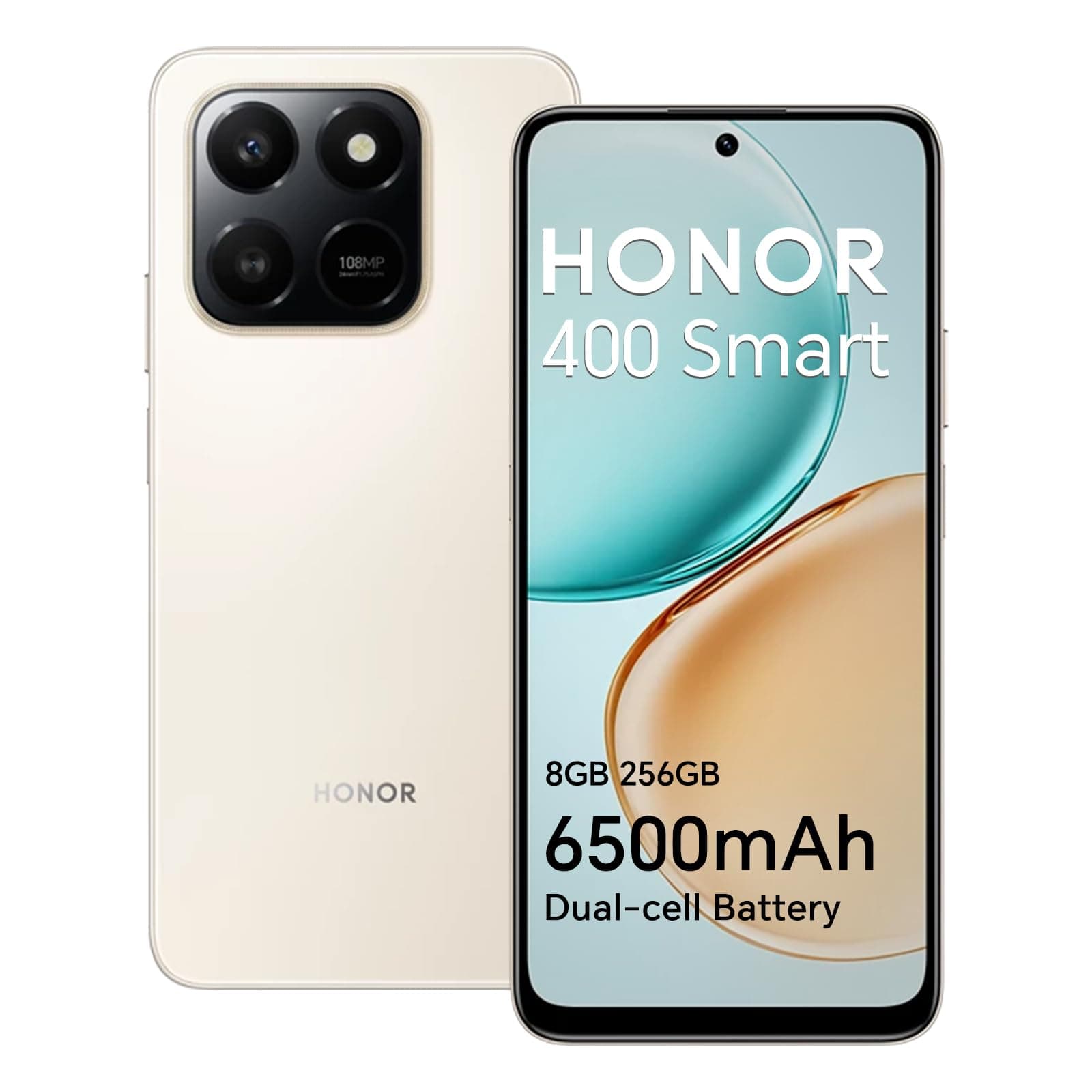 HONOR 400 Smart Smartphone 4G 8GB 256GB, Batería 6500mAh, Pantalla Resistente a Caídas de 6.77" IP54, Cámara Principal de 108MP, Android 15, Dual SIM, NFC, Oro