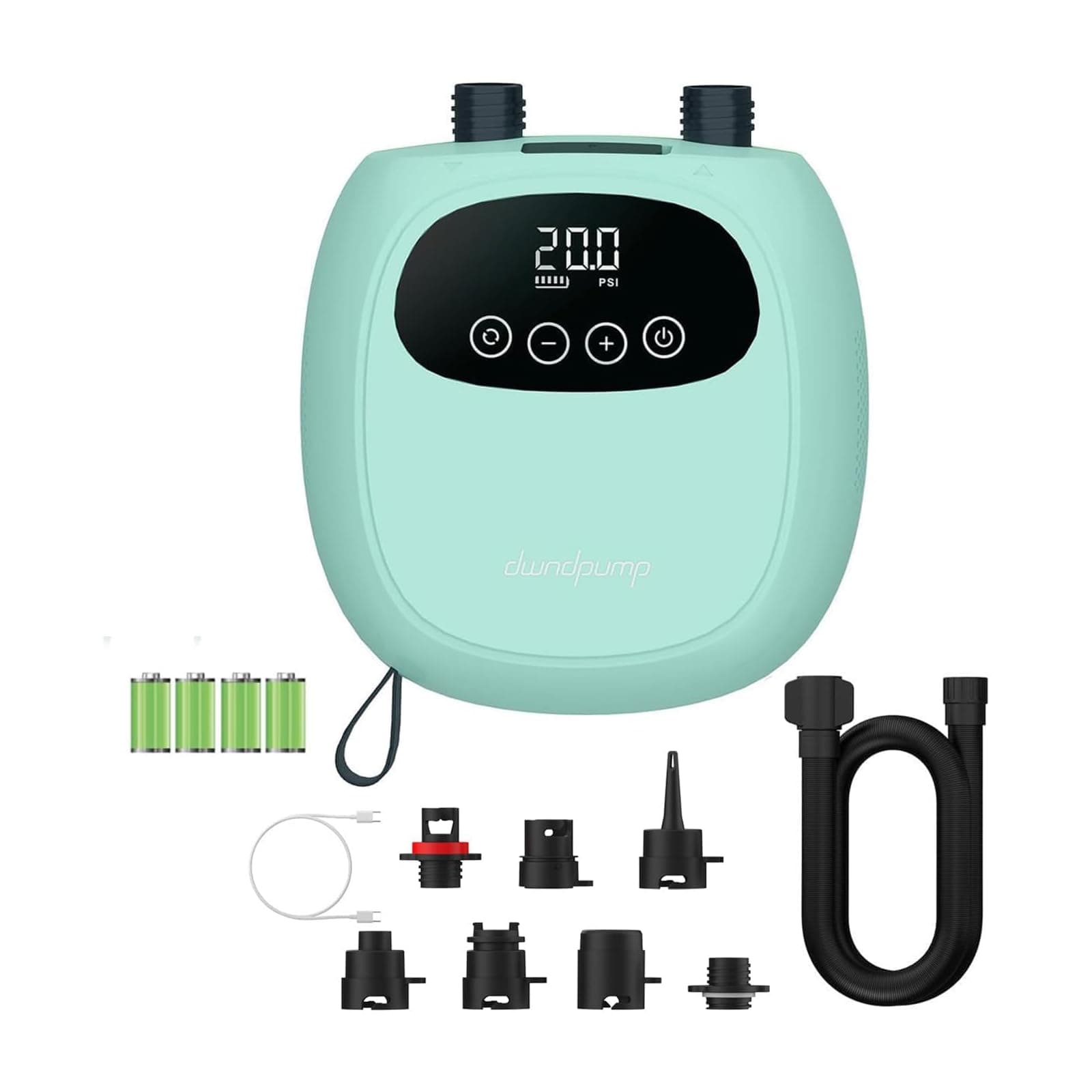 dwndpump Pompa Elettrica SUP 20PSI, Pompa ad Aria Ricaricabile, Auto-Off Portatile, Compressore Aria Elettrico Pompa per Tavole da Paddle, Kayak, Ali del Vento (con 7 Valvole Adattatori)
