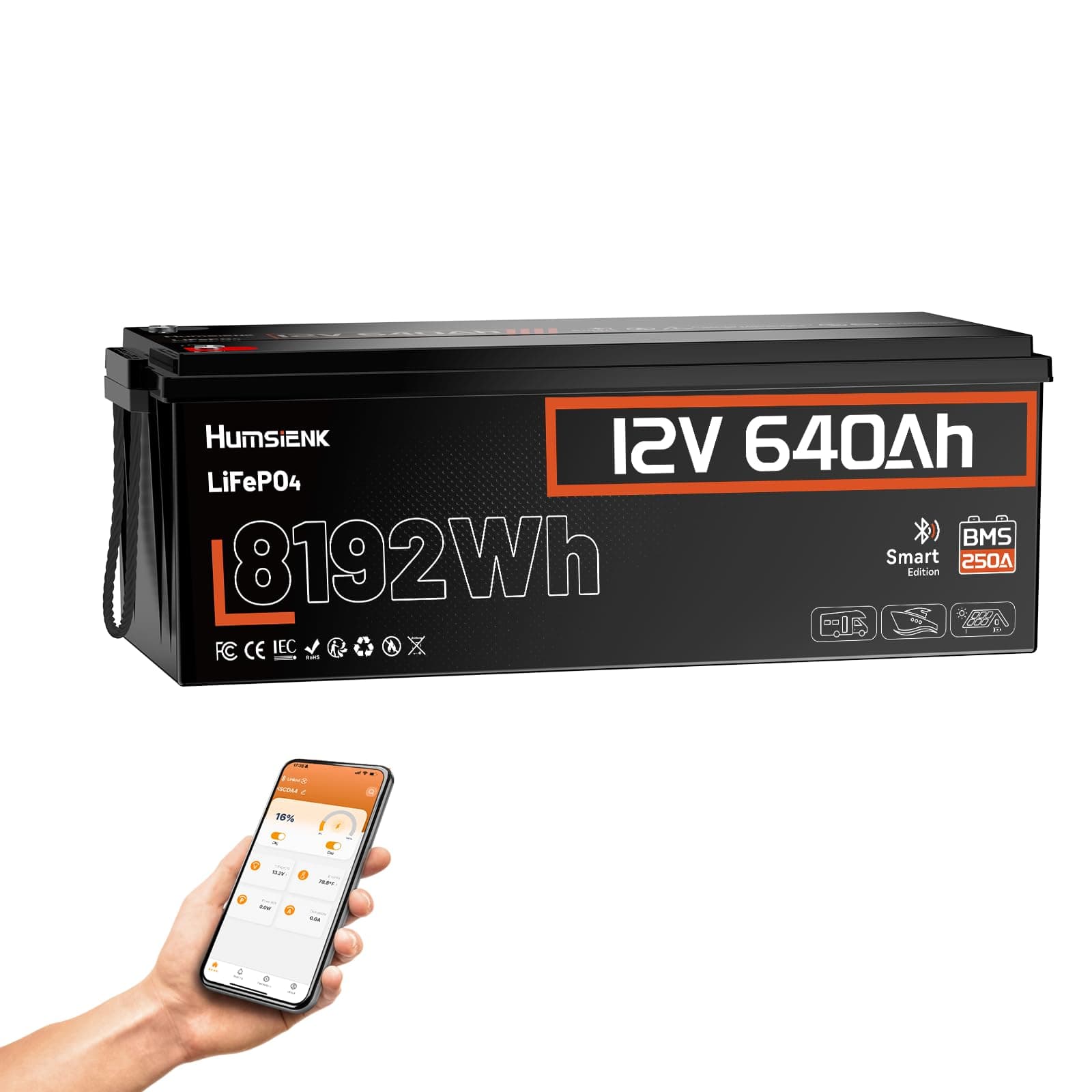 Humsienk Batería LiFePO4 12V 640Ah con Bluetooth, 8192Wh, 250A BMS Inteligente y protección Baja Temperatura, 6000–15000 ciclos, Batería Solar para Autocaravana, Barco y Sistema Fuera de Red