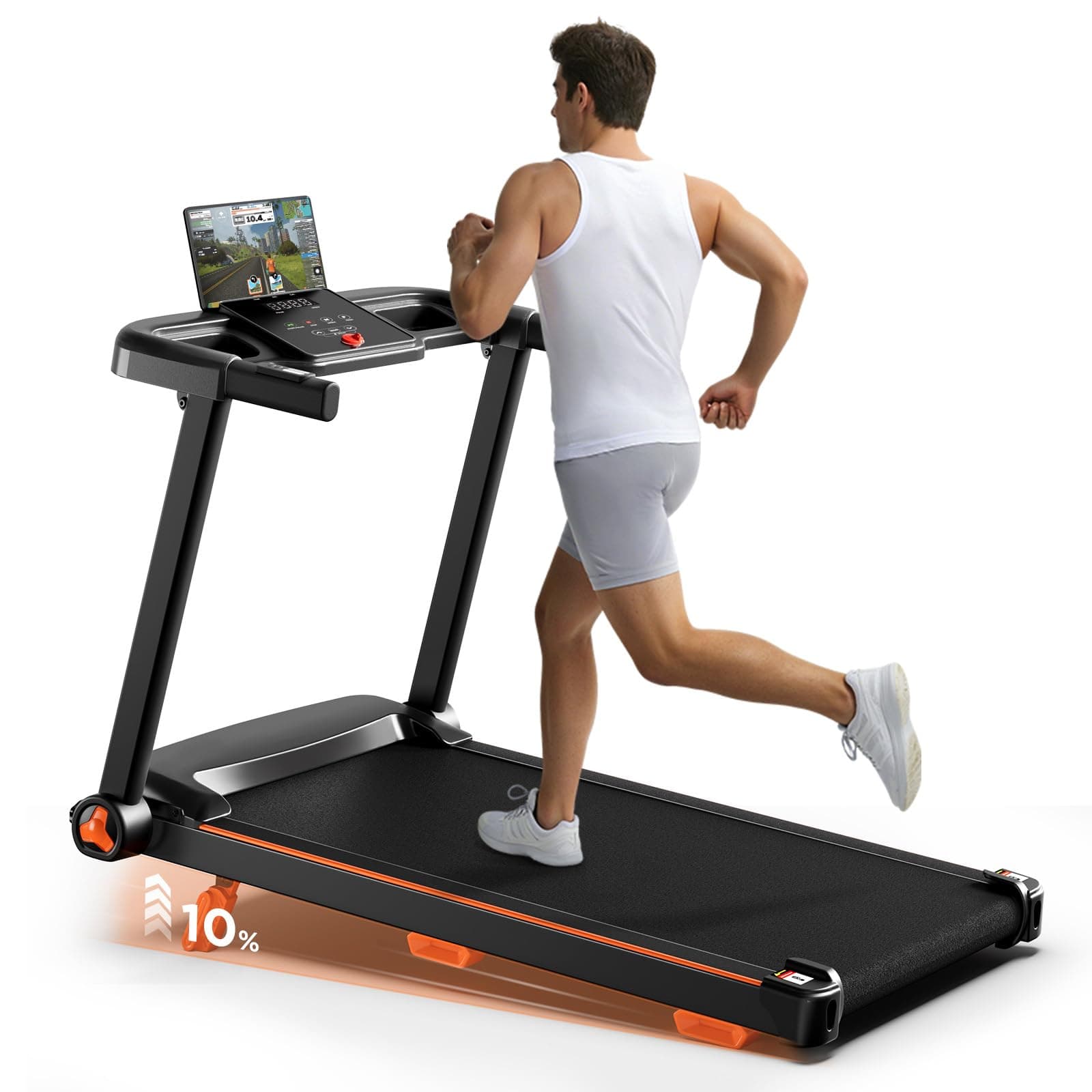 Abonow Tapis de Course Pliable Inclinable 2‑en‑1 avec Rampe – Moteur sans Balais 3,0 CV, Vitesse 1‑14 km/h, Écran LCD, Charge Max 136 kg, pour Maison et Bureau