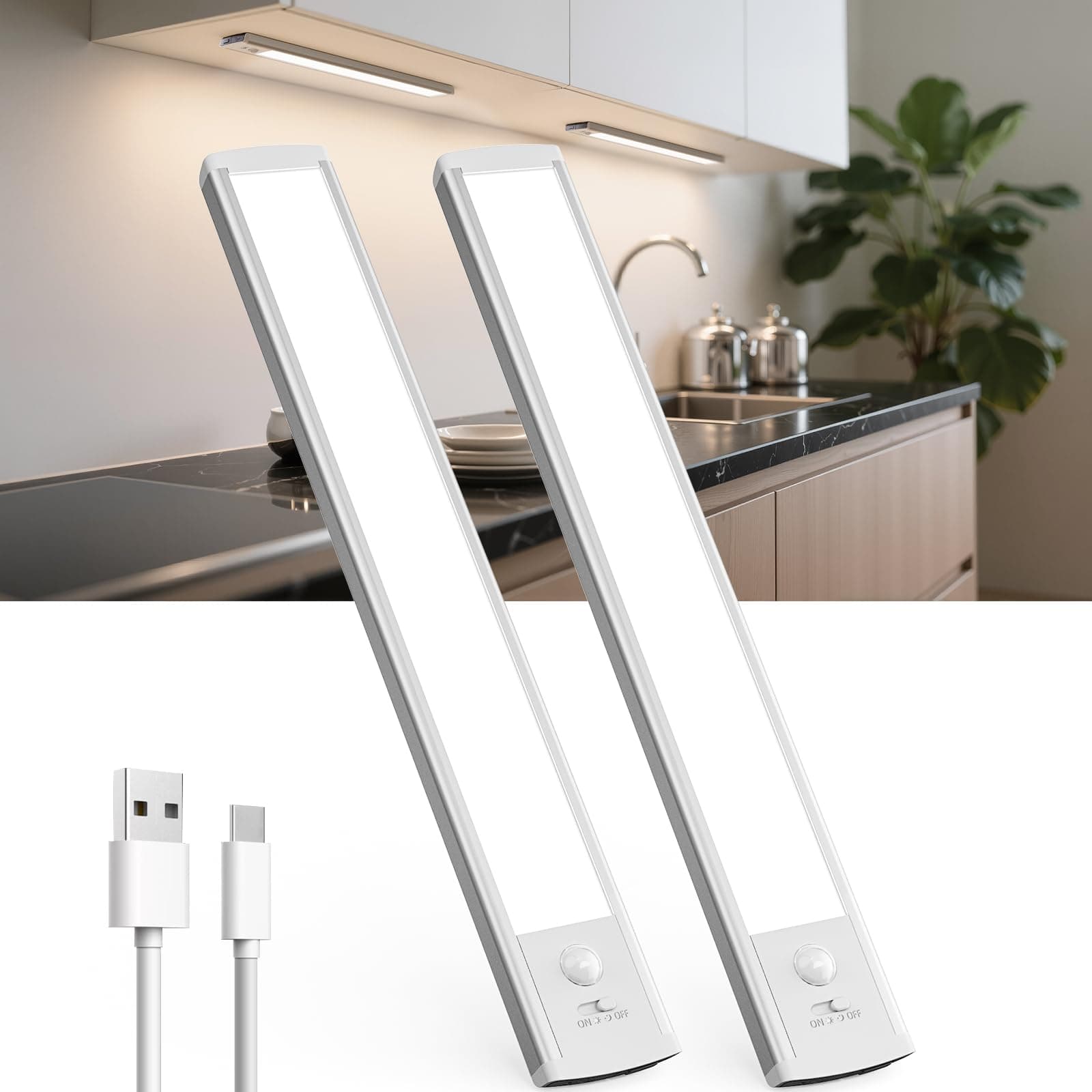 TANSOOL+ Luce LED Sottopensile Cucina, Armadio LED con Sensore di Movimento, 30cm Luce Sottopensile Dimmerabile Lampada per Cucina, Guardaroba, Scale, Soggiorno, Camere da Letto - 2 Pezzi