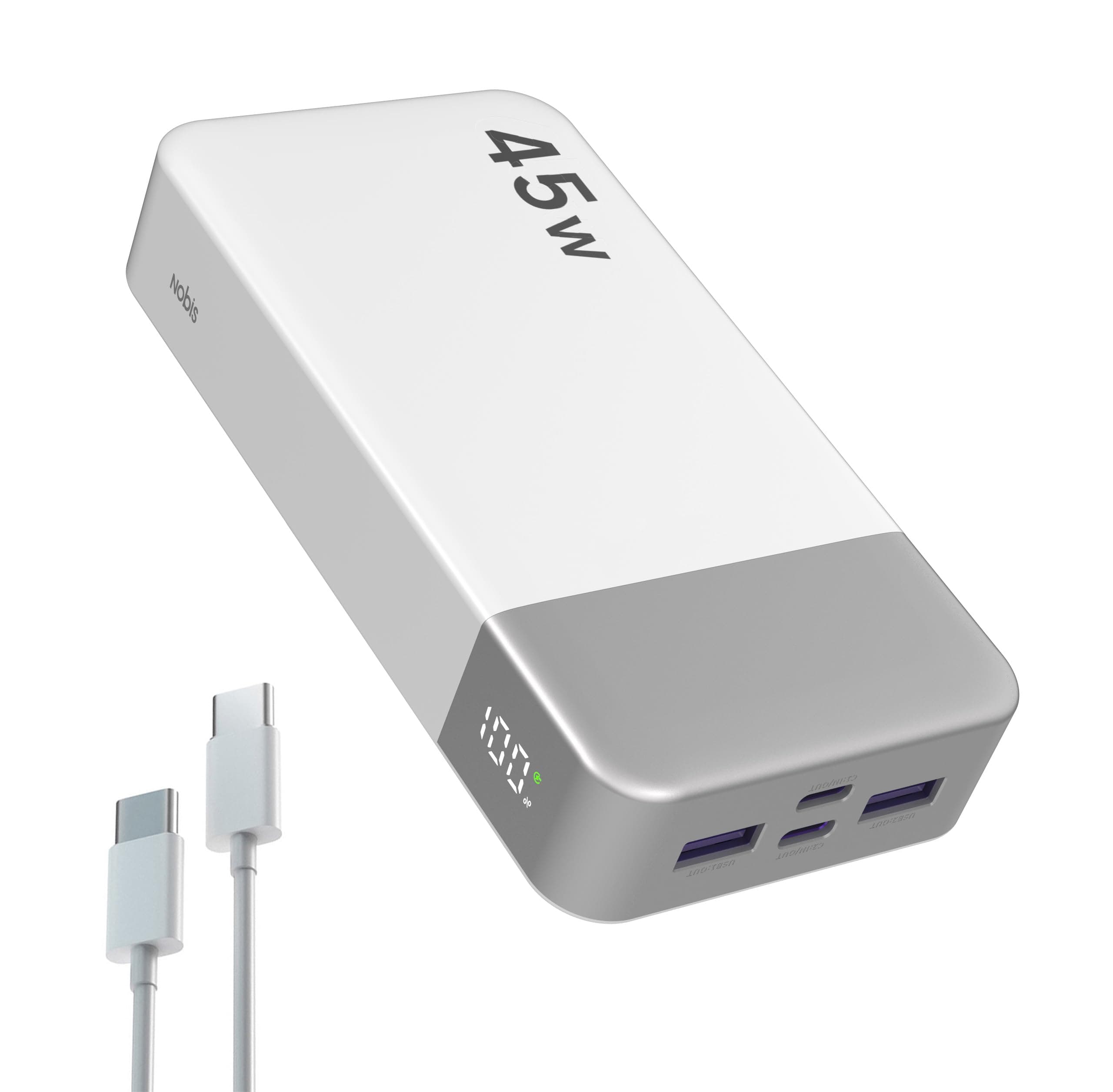 Nobis Batterie Externe 20000mAh Power Bank 45W USB C in & Out Charge Rapide, Chargeur Externe 4 Ports avec LED Digital, Compatible avec Phone 17 S23 (Blanc)