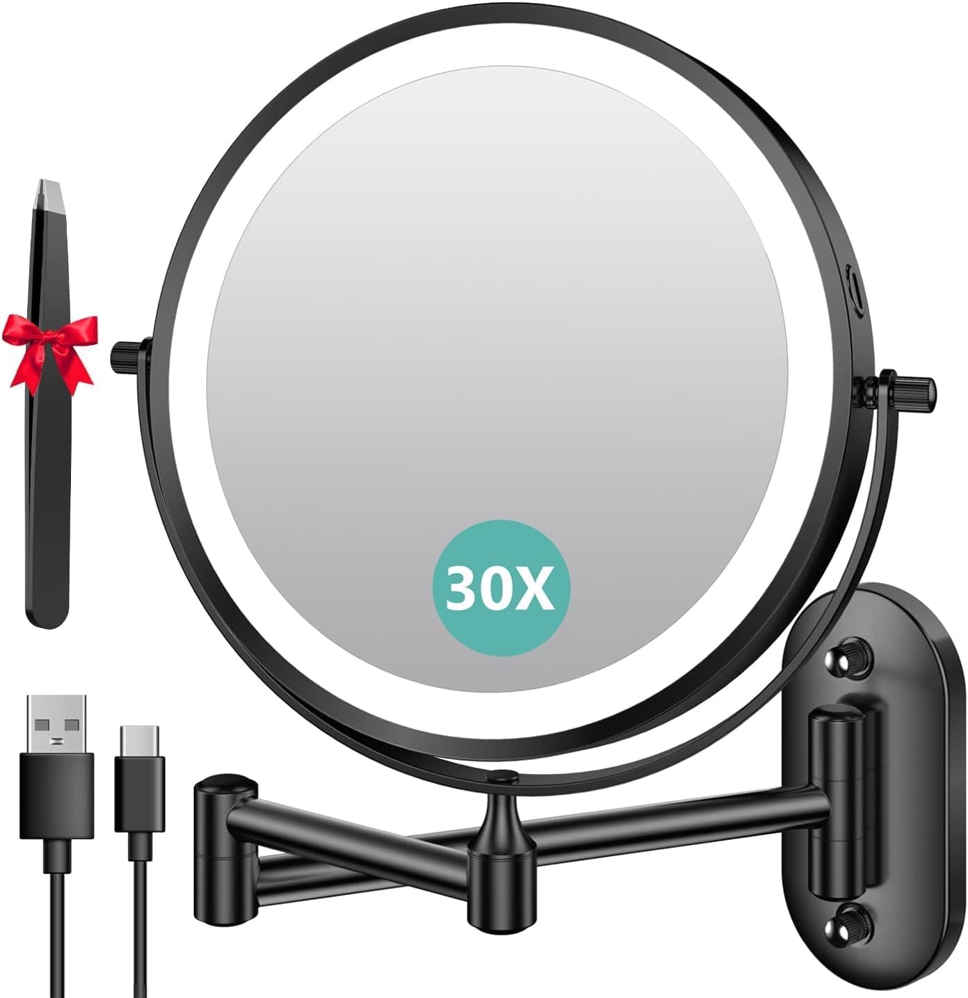 Auxmir Miroir Grossissant Mural 1X/30X, Batterie 3200mAh, 3 Modes Couleur, Bouton Tactile 2 Faces, Miroir Grossissant Lumineux 360° Pivotant Extensible, pour Salle de Bain, Chambre, Hôtel, Vestiaire