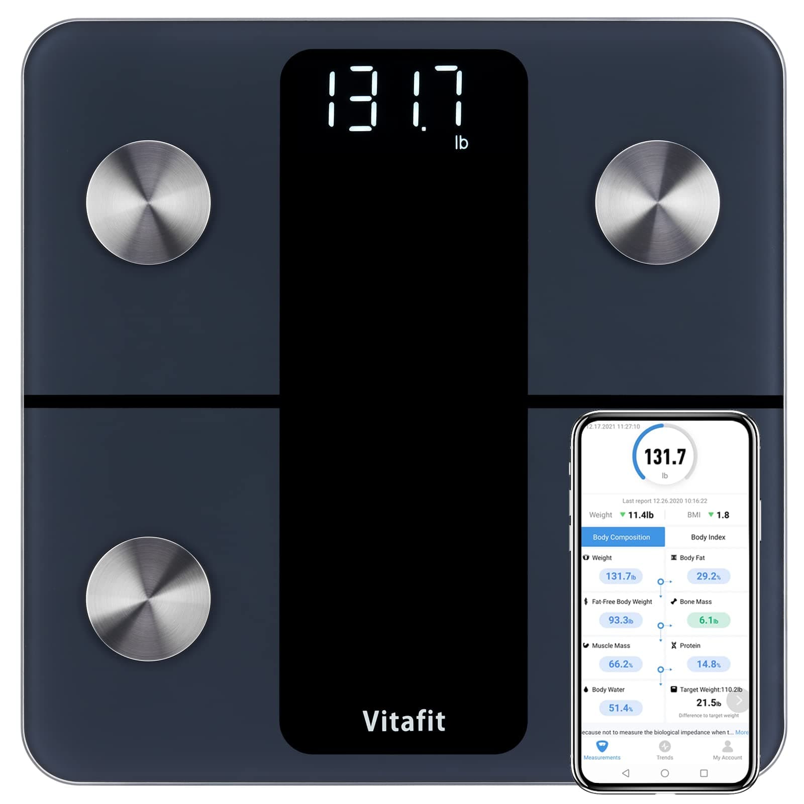 Vitafit Bilancia Pesapersone, Alta Precisione 0,05kg dalla Nostra Fabbrica Professionale Dal 2001, Smart Bilancia Digitale Impedenziometrica con App Peso Corporeo, BMI, Muscolare, 180kg, LED, Nero