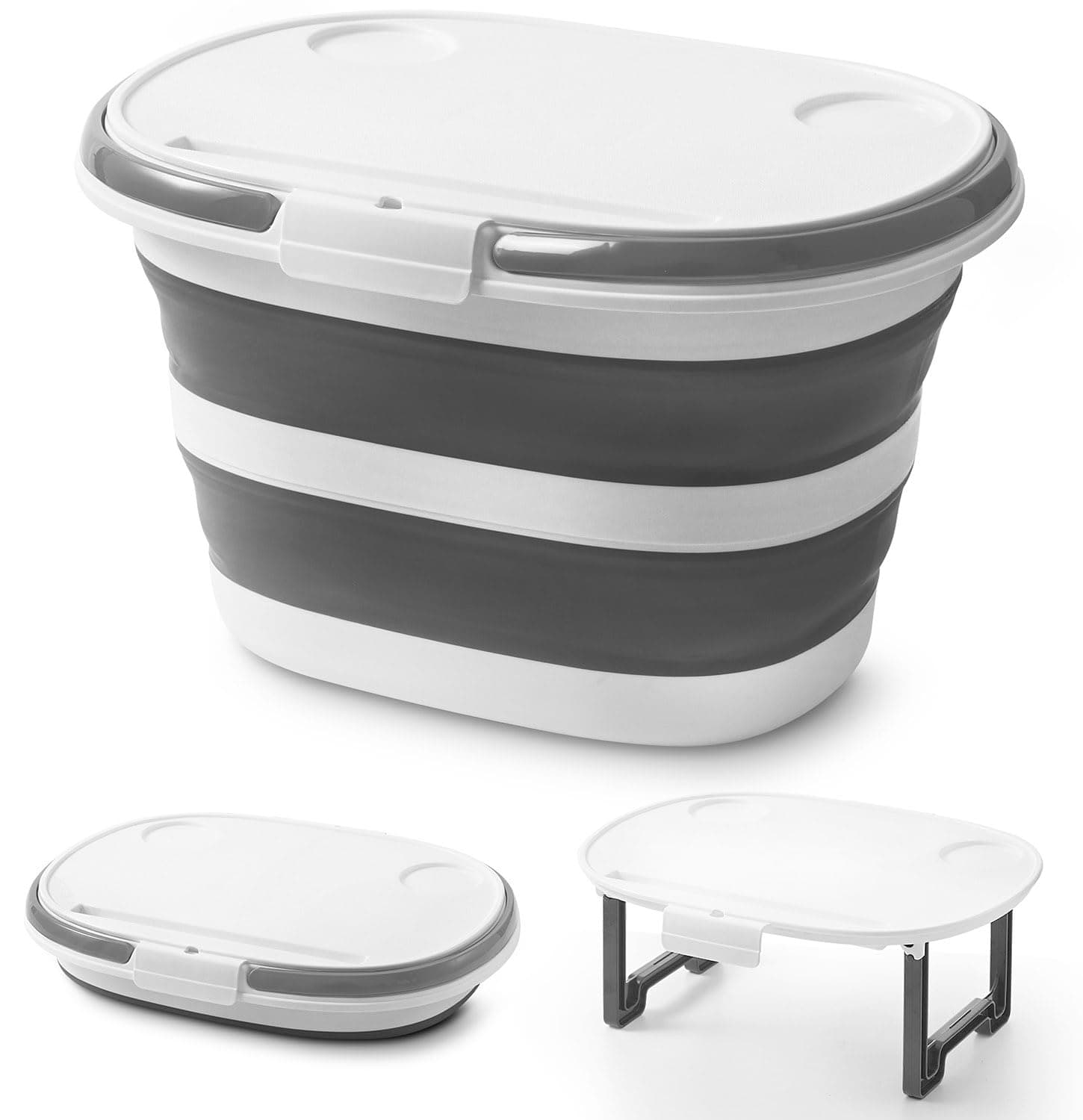 Lesipee Upgraded16L - Cubo plegable multifunción con tapa, bañera de silicona 4 en 1, superficie de mesa, soporte de suelo, 4.2 galones