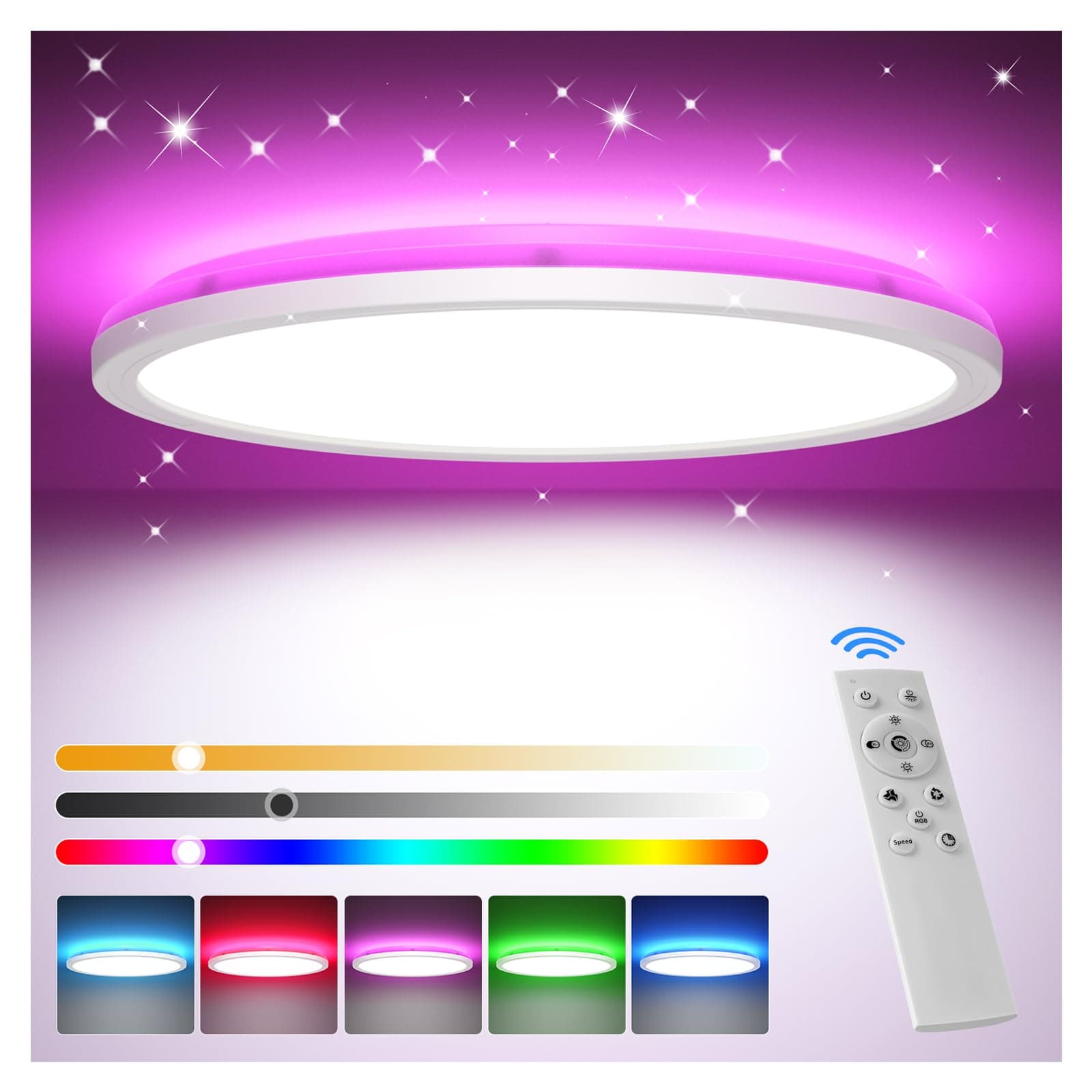 Tyreses Plafon LED Techo Regulable, 24W RGB Regulable Lámpara de Techo con Mando a Distanci, Lampara LED Techo Modernos para Dormitorio 3000K-6500K, para Dormitorios, Salones, Baños, Ø30CM