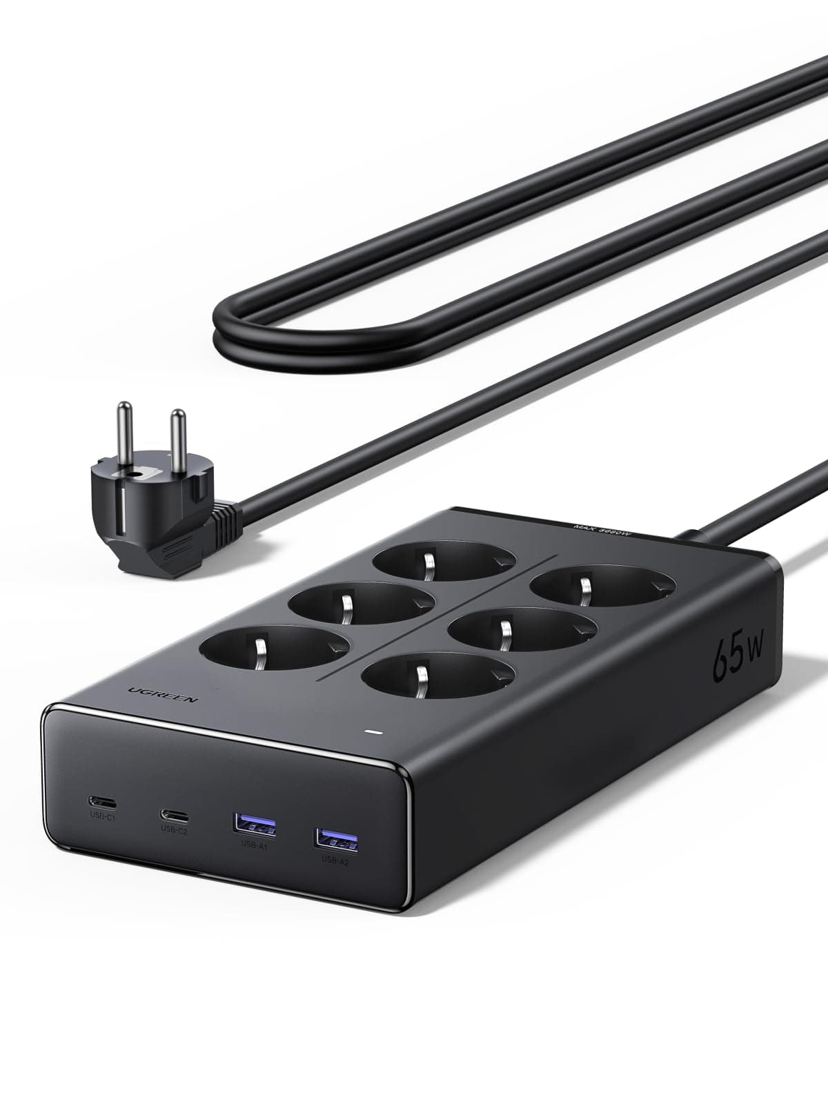 UGREEN 10 en 1 Multiprise PD 65W USB C 6 Prises avec Interrupteur 3680W 16A | 2 USB C 2 USB A, 6 AC, Noir, 1.4M Rallonge Bloc Electrique Contre Surtension, Multiprise Electrique GaN pour Maison Bureau