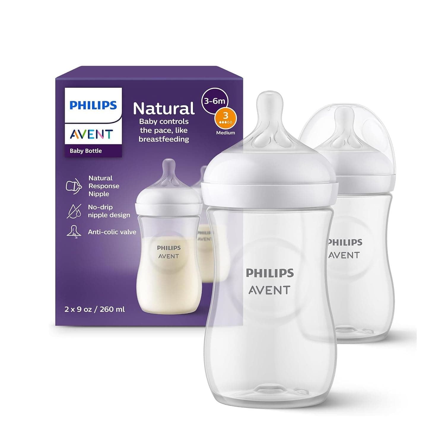 Philips Avent Lot de 2 biberons à Réponse Naturelle de 260 ml, sans BPA, pour les bébés de 3 mois et plus (modèle SCY903/02)