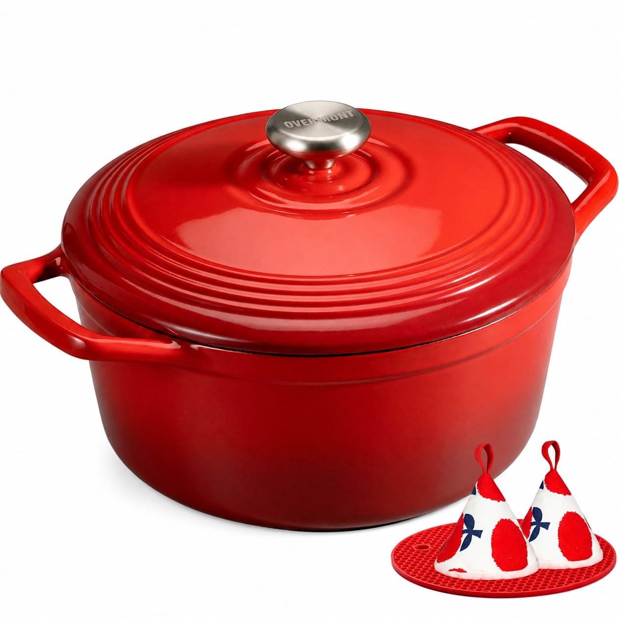 Overmont Cocotte Ronde en Fonte Émaillée 26 cm 5,2 L, Rouge Dégradé | Pour 4 à 6 personnes, avec couvercle et protège-poignées en coton, tous feux dont induction et four, pour pain et mijotés