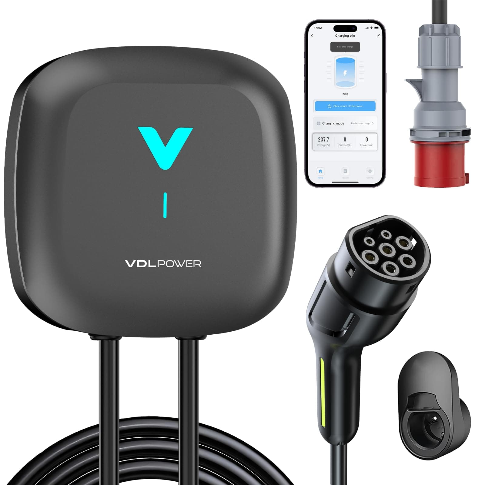 VDLPOWEREU Wallbox , Cargador para Vehículo Eléctrico 22kW,6-32A Type 2 Trifásico, Wi-Fi, Bluetooth, Interior/Exterior, soporte de enchufe, Protección IP67 para BEV/PHEV