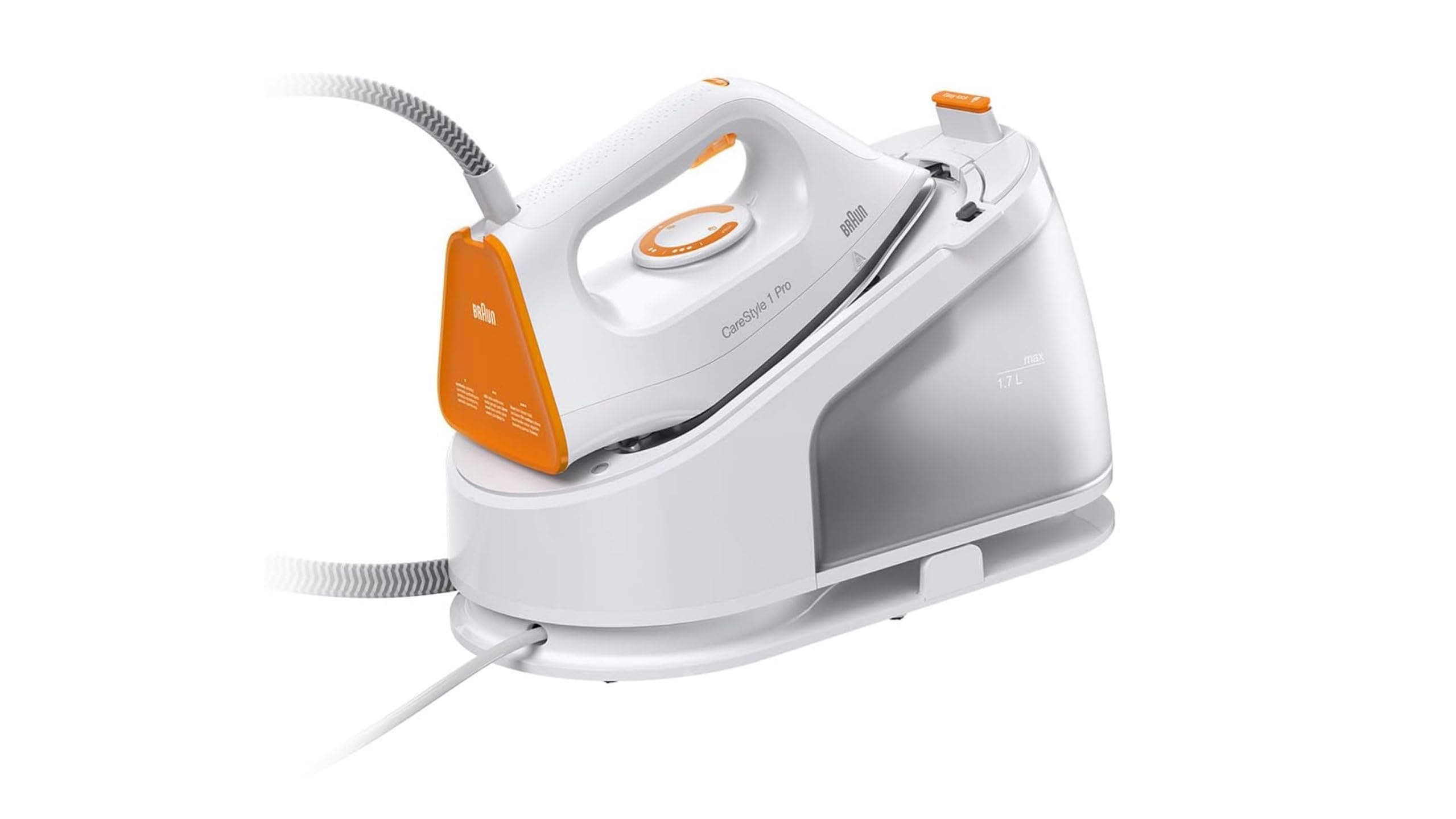 Braun CareStyle 1 Pro – Sistema Stirante a Vapore con Caldaia, Ferro da Stiro con Vapore Potente, Piastra FreeGlide 3D, Serbatoio 1,7 L, Stiratura Rapida e Verticale, Bianco/Arancione (IS1511WH)