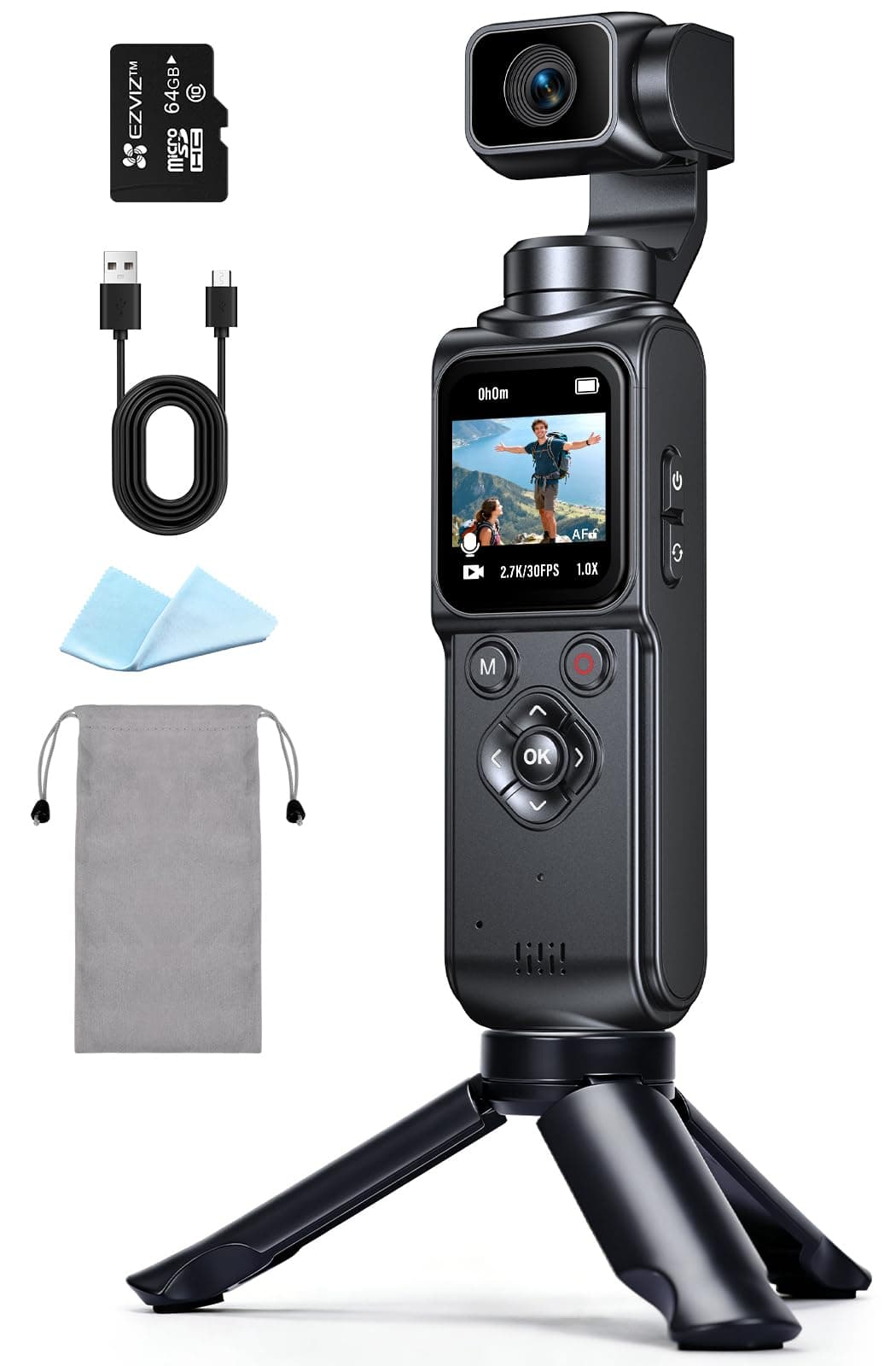 Ruycllo Cámara Deportiva, Cámara Vlog con Lente Giratoria de 330° – Estabilización de 2 Ejes, Pantalla Táctil 64MP con Tarjeta 64GB, Seguimiento de Caras, Cámara Compacta para Deportes y vlogging