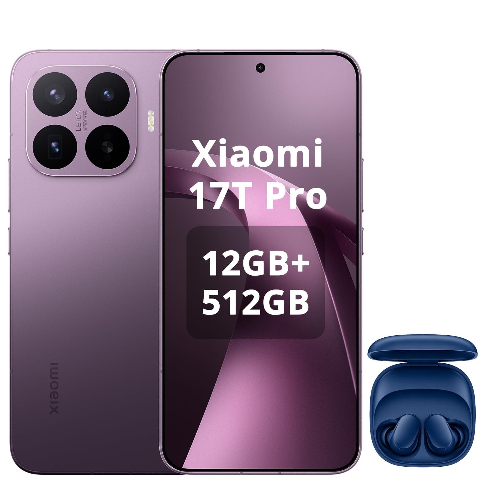 XIAOMI 17T Pro 12+512GB, Teleobjetivo 5X hasta 120X Zoom, 6.83" 144Hz 1.5K 3500nits, Batería 7000mAh, Dimensity 9500, Violeta, No Incluye Cargador,Included Headphones (Blue)