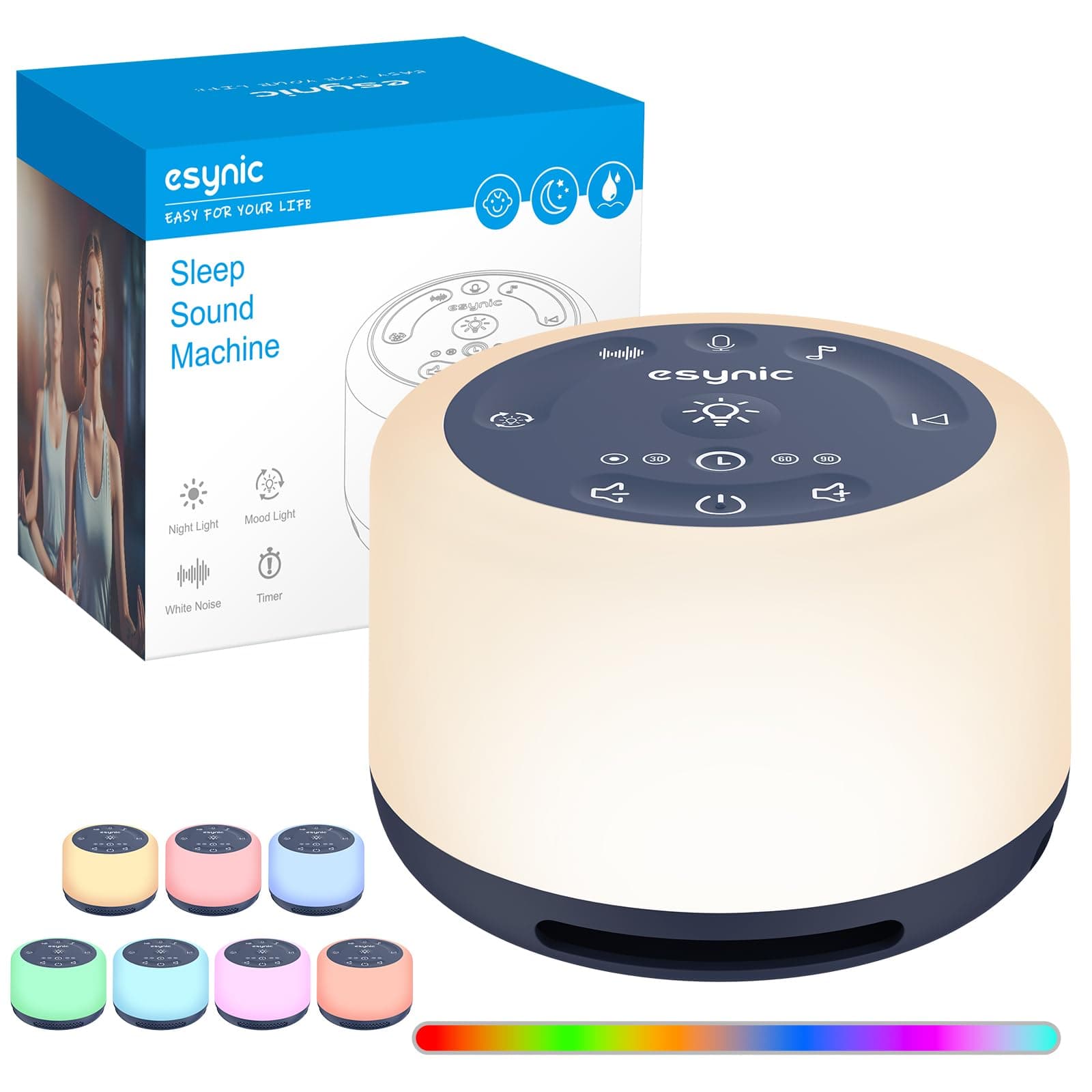 Máquina de Ruido Blanco eSynic Máquina de Sonido Portátil para Dormir para Bebé con 30 Tipos de Sonidos Relajantes, Luz Nocturna Ajustable,Temporizador, Batería incorporada de Gran Capacidad