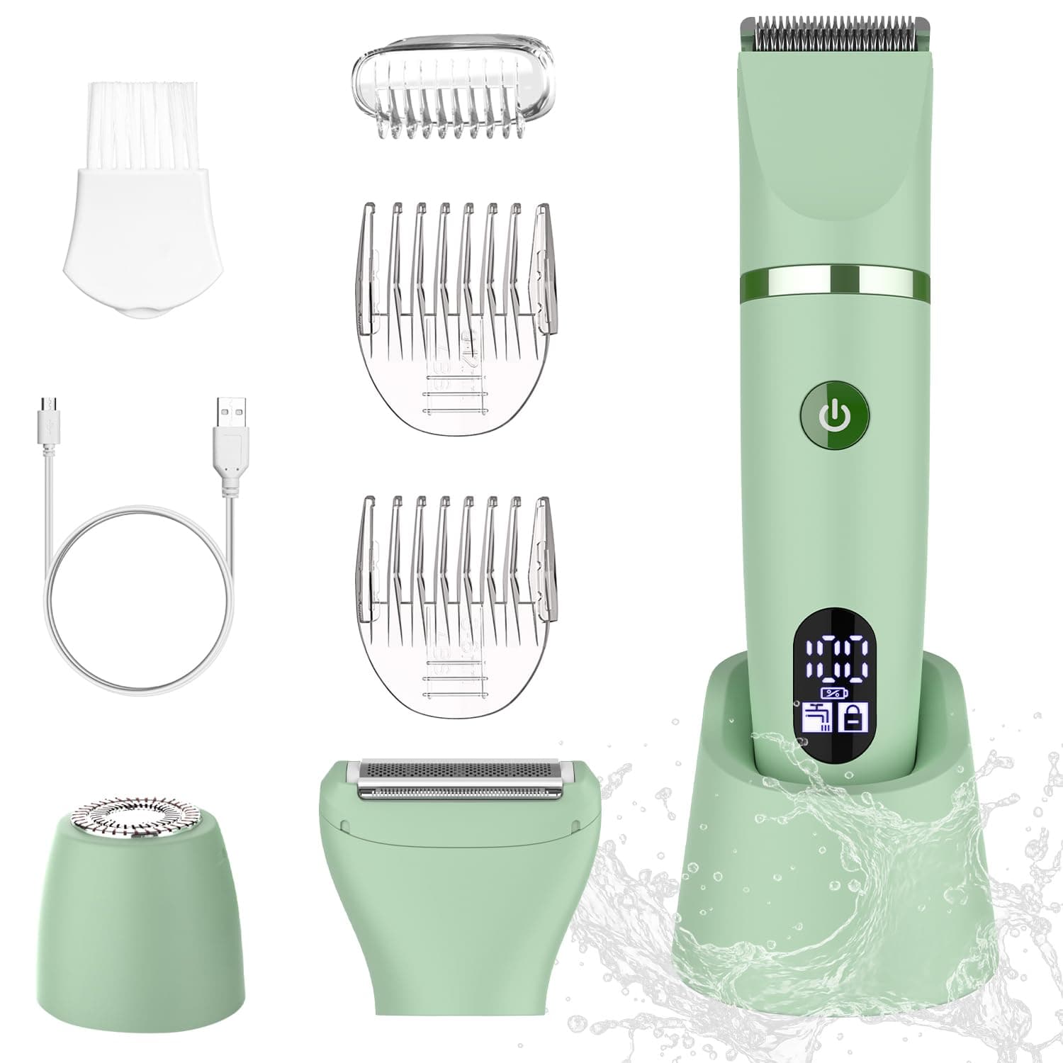 Scttomon Rasoio elettrico per donna Viso Bikini Corpo Tagliapeli corporeo per donna Epilatore per zona bikini Bikini-Trimmer Impermeabile IPX7 Display LCD Uso a secco/bagnato,Verde