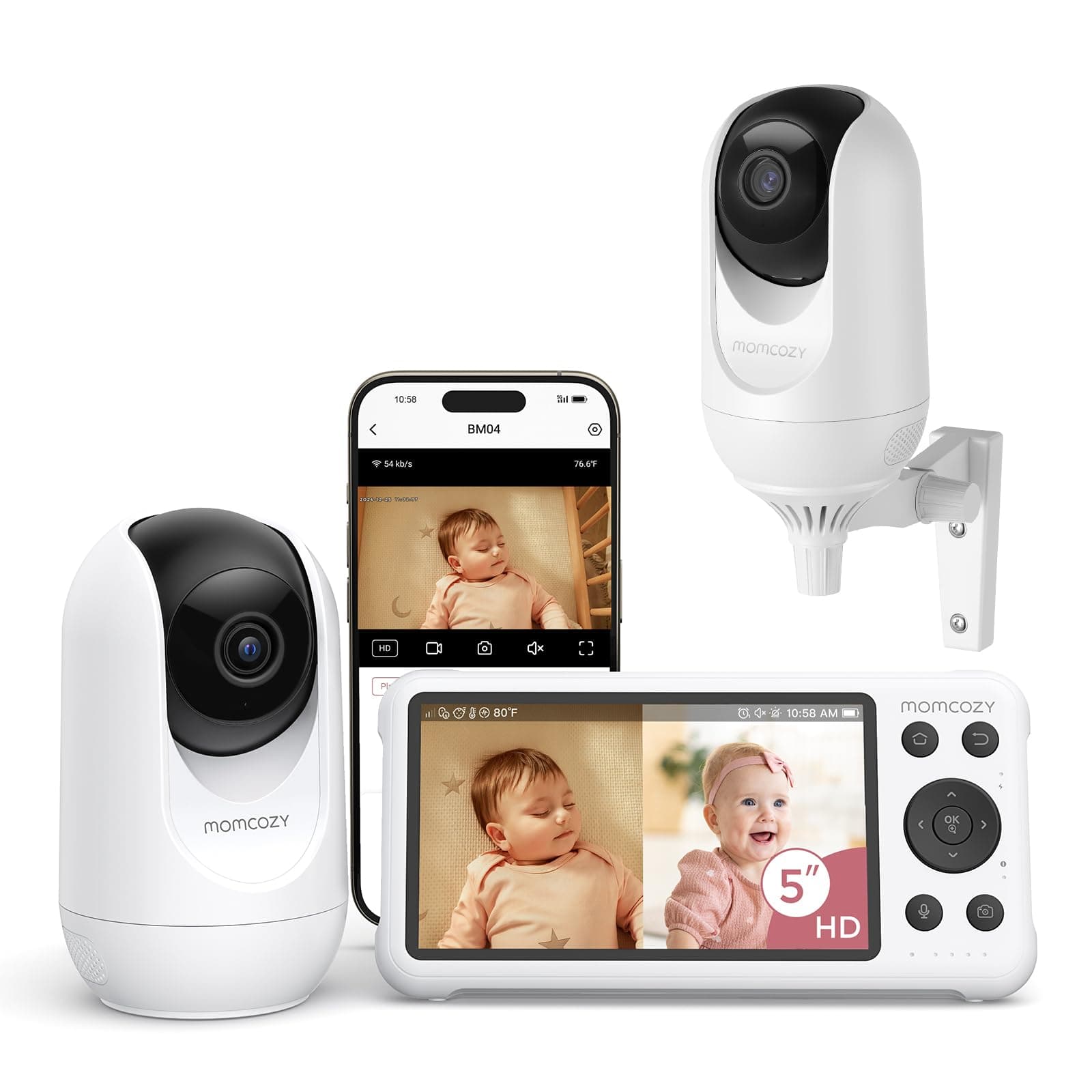 momcozy BM04 Camara Vigilancia Bebe WiFi con 2 Cámaras, 5" Vigilabebes con Camara, Visión Nocturna, Detección de Llanto y Movimiento, Zona Segura, Audio Bidireccional, Grabación de Foto y Vídeo