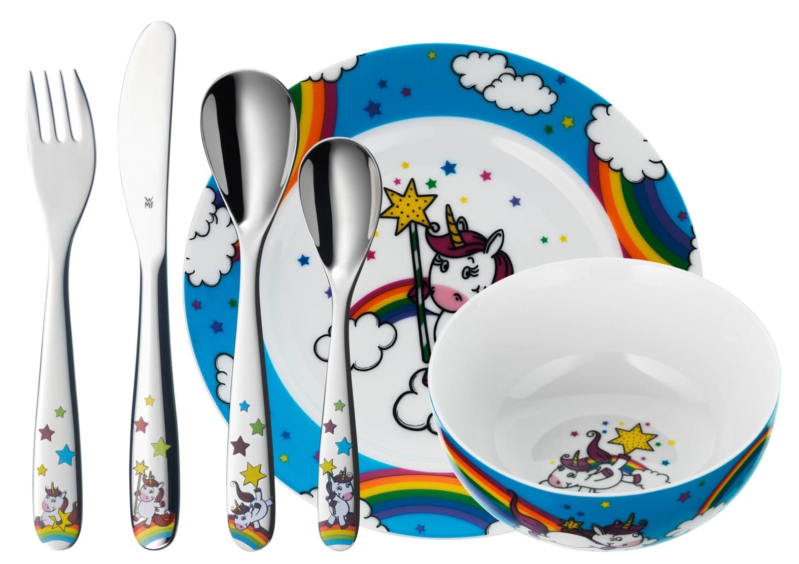 WMF Unicornio - Vajilla para niños 6 Piezas, Incluye Plato, Cuenco y cubertería (Tenedor, Cuchillo de Mesa, Cuchara y Cuchara pequeña) Kids Infantil