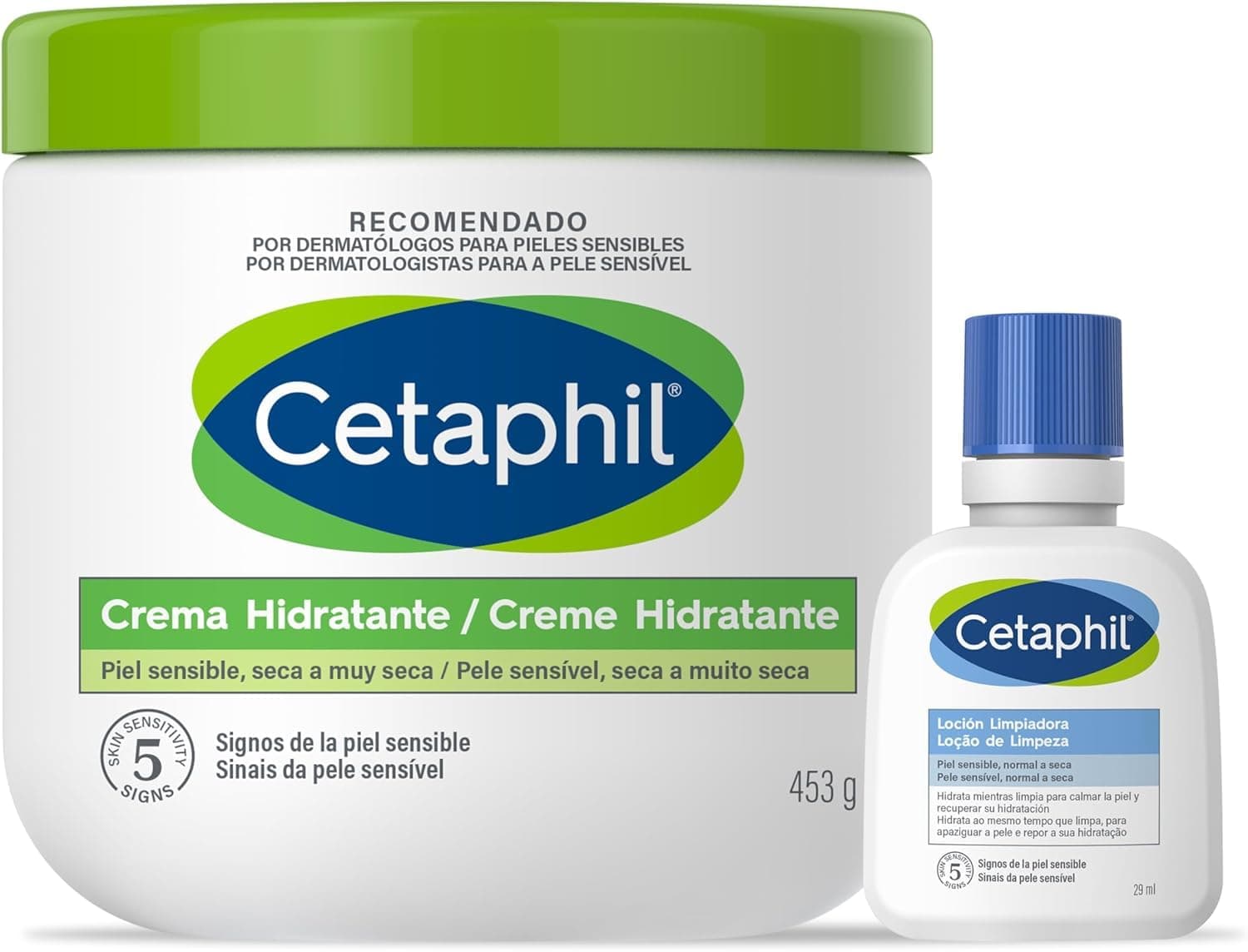 CETAPHIL Crema Hidratante Corporal y Facial,Hidrata 48H, Protege la Barrera Cutánea, Piel Sensible Seca a Muy Seca, No Comodogénico, Niacinamida, Glicerina y Pantenol,453gr+Loción Limpiadora Mini29ml