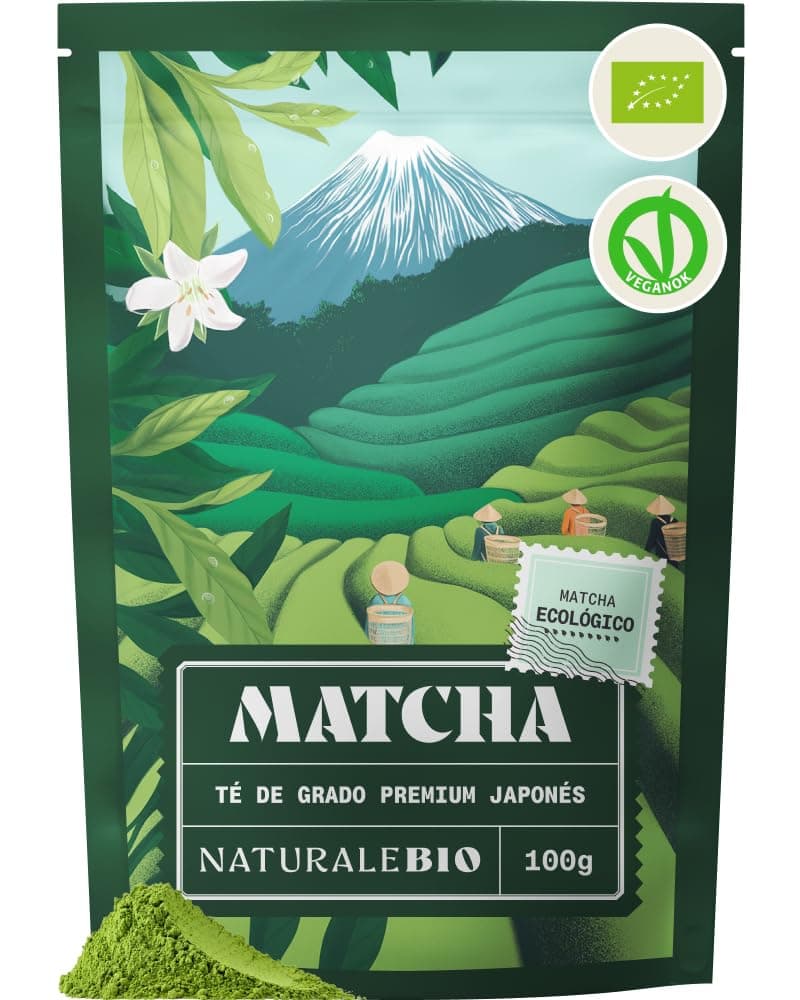 NaturaleBio Té Matcha en Polvo Orgánico, 100g. Grado Premium. Té Verde Japonés. Cultivado en Japón, Uji. Ideal para Beber, para postres, Batidos, té frío, en Leche y como ingrediente