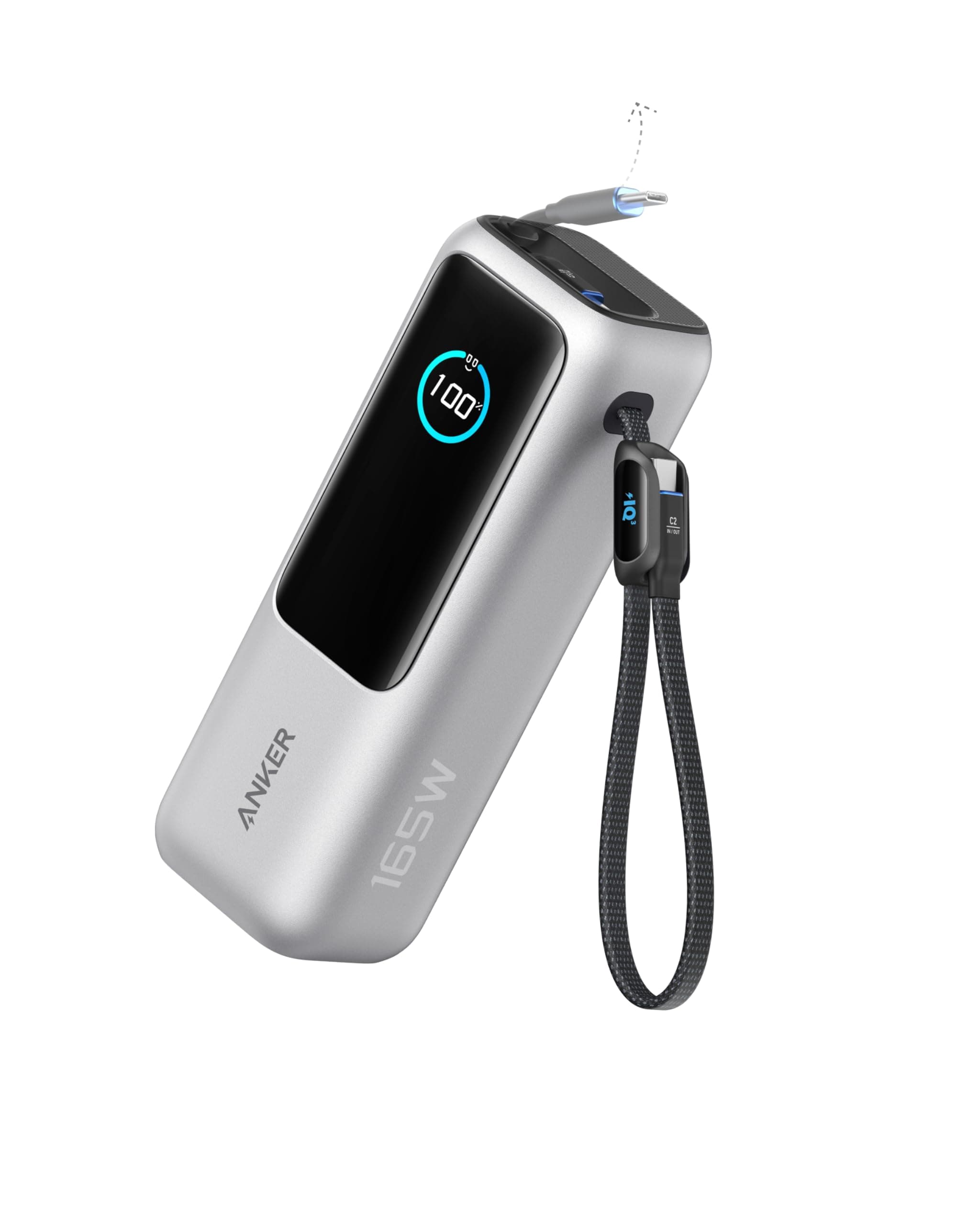 Anker 165W 25000 mAh Laptop Powerbank, Ladegerät mit 70cm ausziehbarem Kabel & Trageband, 3 USB-C Ports für Laden mehrerer Geräte, Für MacBook Pro, iPhone 17/16/15, Samsung und mehr (flugzeugtauglich)