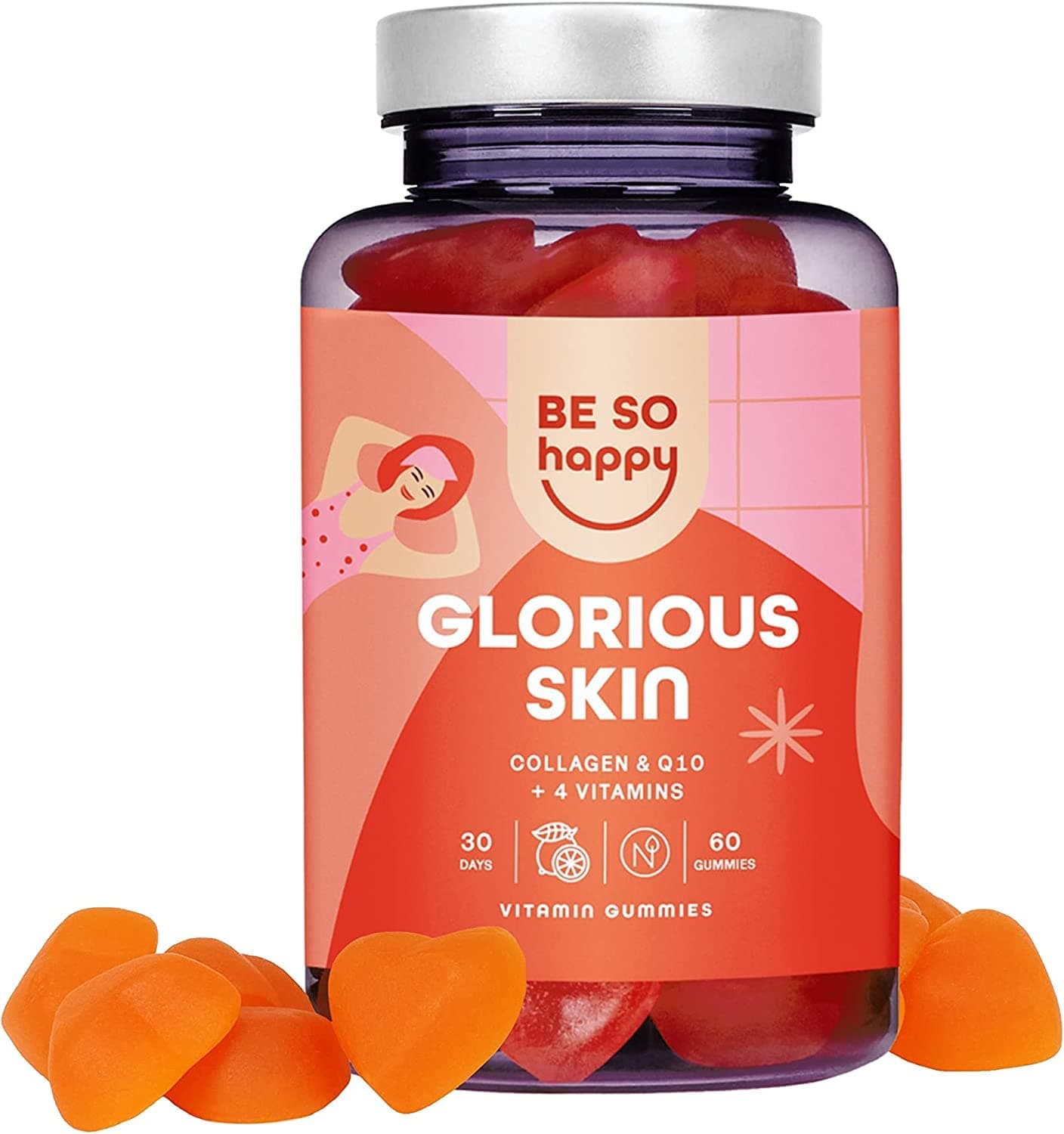 Collagene e Coenzima Q10, Vitamina per la Pelle Gusto Agrumi. 60 Caramelle Gommose, Fornitura di 30 Giorni. Senza Lattosio e Senza Glutine. BeSoHappy