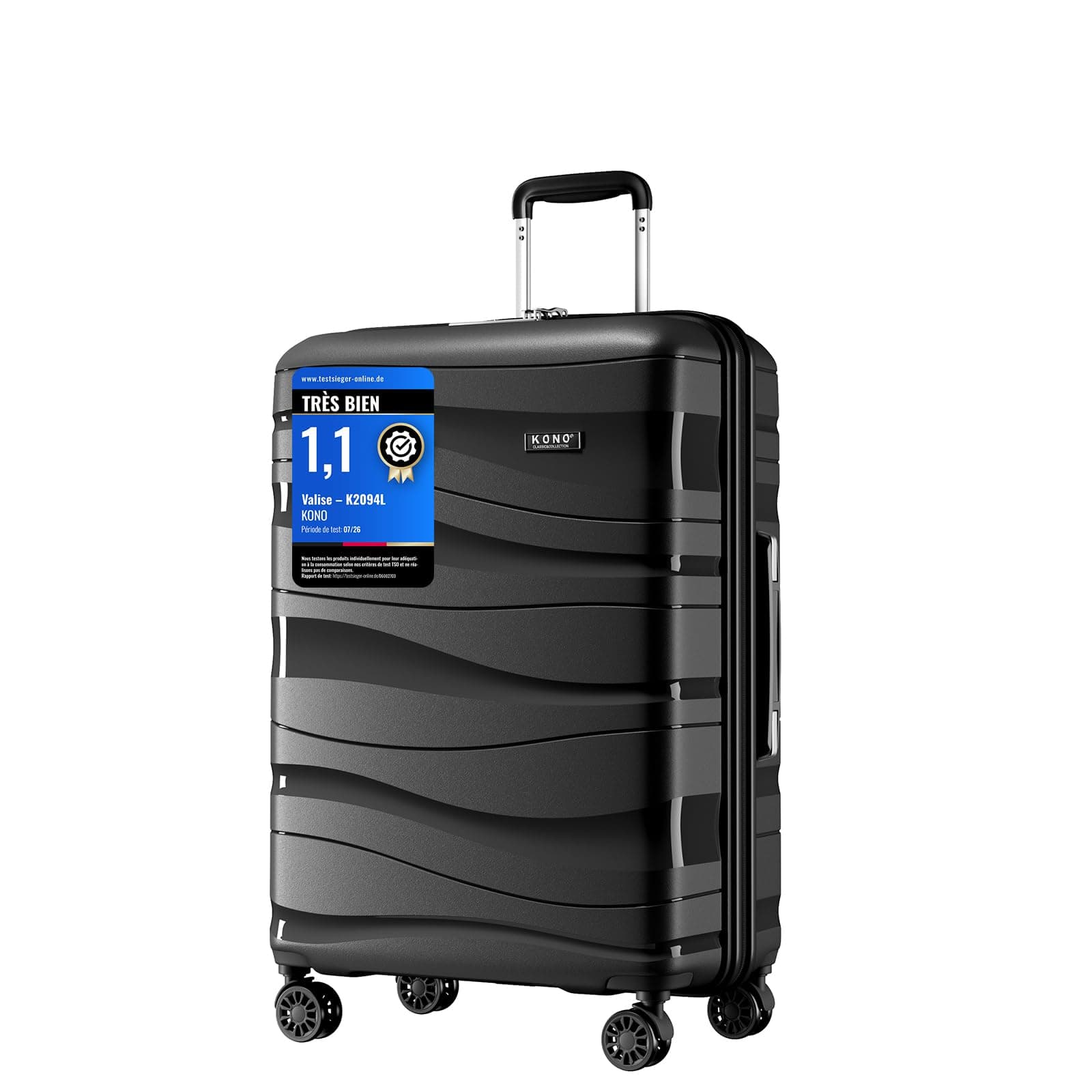 Kono Valise Moyenne 65cm Rigide Polypropylène Valise de Voyage à 4 roulettes et Serrure TSA,Noir