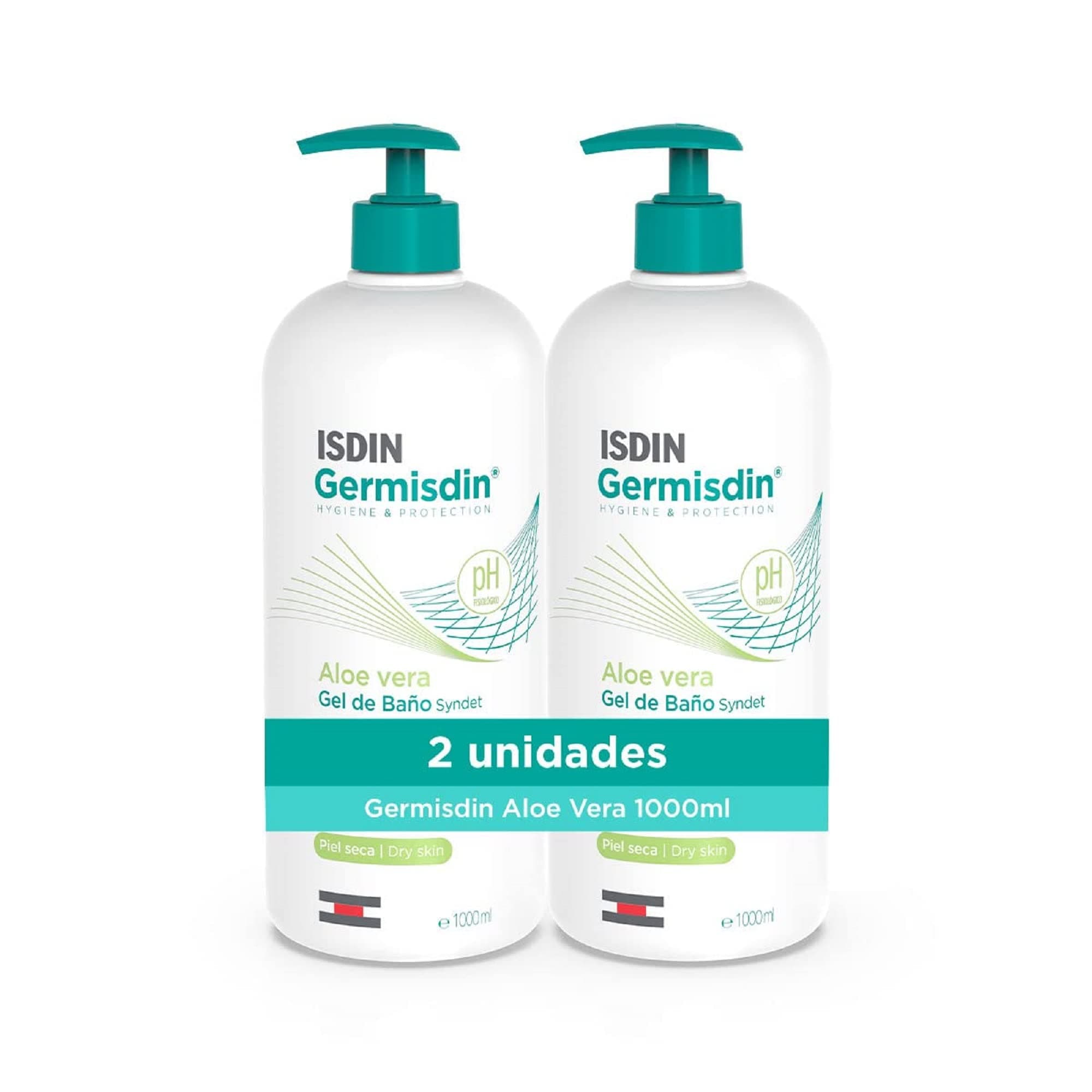ISDIN Germisdin Aloe Vera Higiene Corporal de Uso Diario Gel de Baño Syndet, Recomendado para Piel Seca o con Tendencia al Picor,1 L (Paquete de 2)