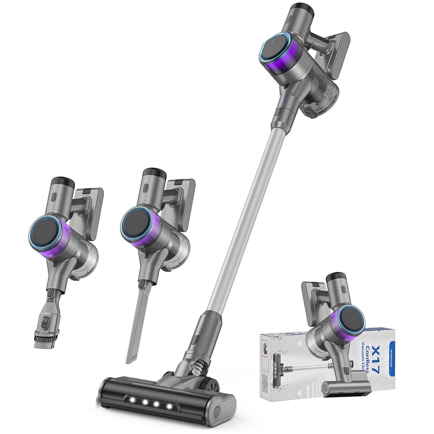 X17 Aspirapolvere Senza Fili, 4-in-1 Scopa Elettrica Senza Fili Tre Potenze di Aspirazione Regolabili, Antigroviglio Aspirapolvere Verticale Potente 45Kpa con Display a LED per Tappeti Pavimenti