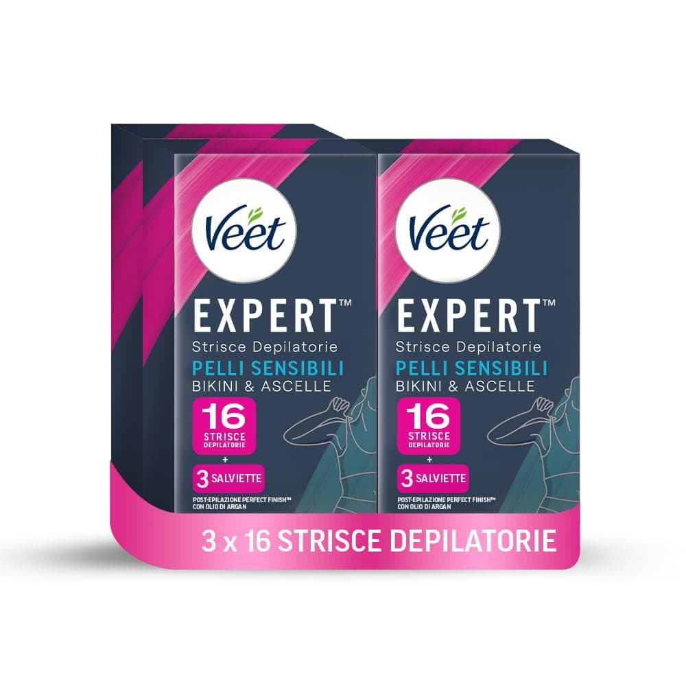 Veet Expert Strisce Depilatorie Ascelle e Zona Bikini, Ceretta per Pelli Sensibili con Olio di Mandorla, Dermatologicamente Testate, 3 Confezioni da 8x2 Strisce + 9 Salviette Post-Epilazione