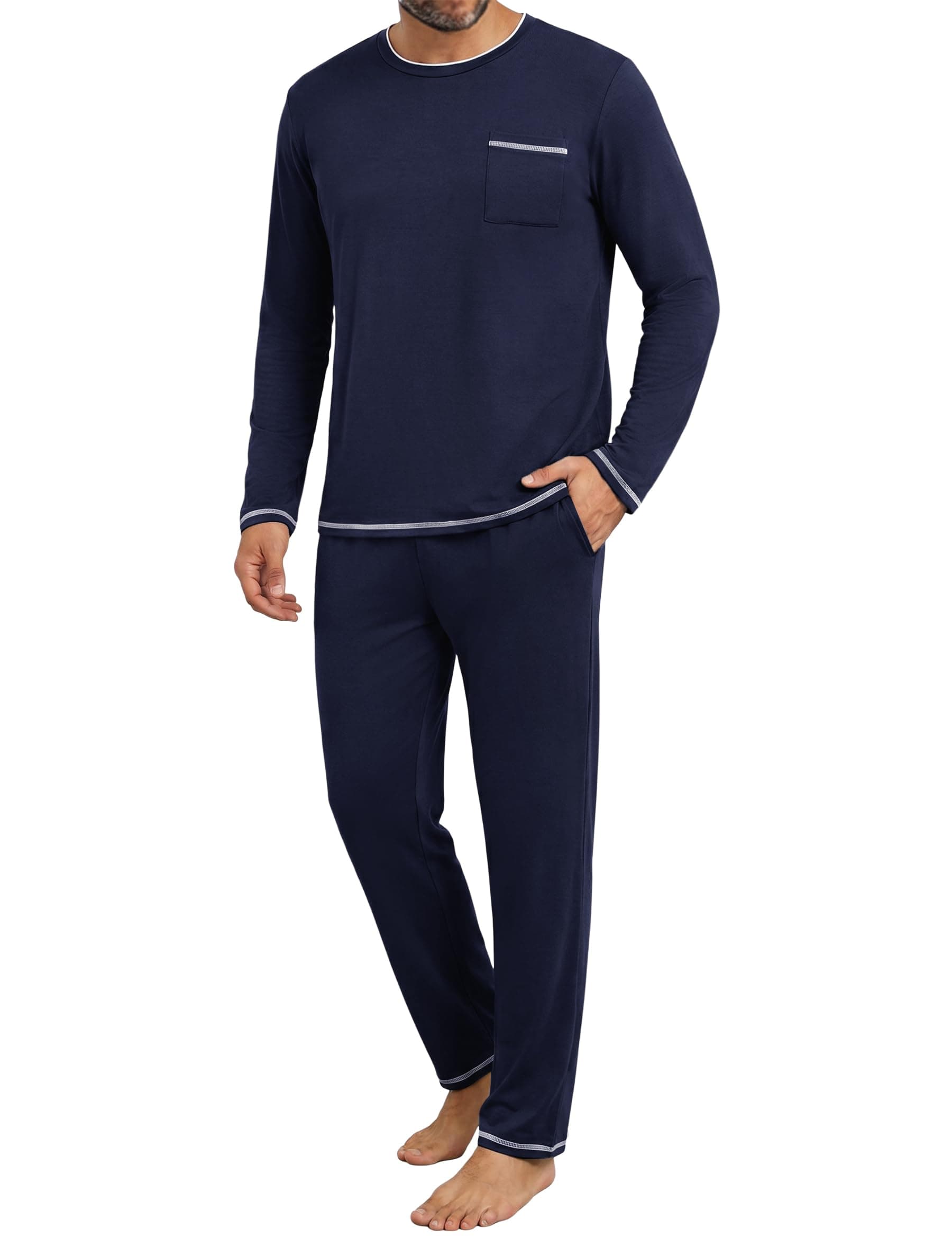 Demegimi Pigiama Uomo Cotone Lungo Pigiami Invernale Due Pezzi con Tasche | Pigiami Due Pezzi, Maniche Lunghe, Pantaloni Lunghi, Tasche, Vestibilità Ampia, Contrasto, Comoda, Inverno, Casa e Notte