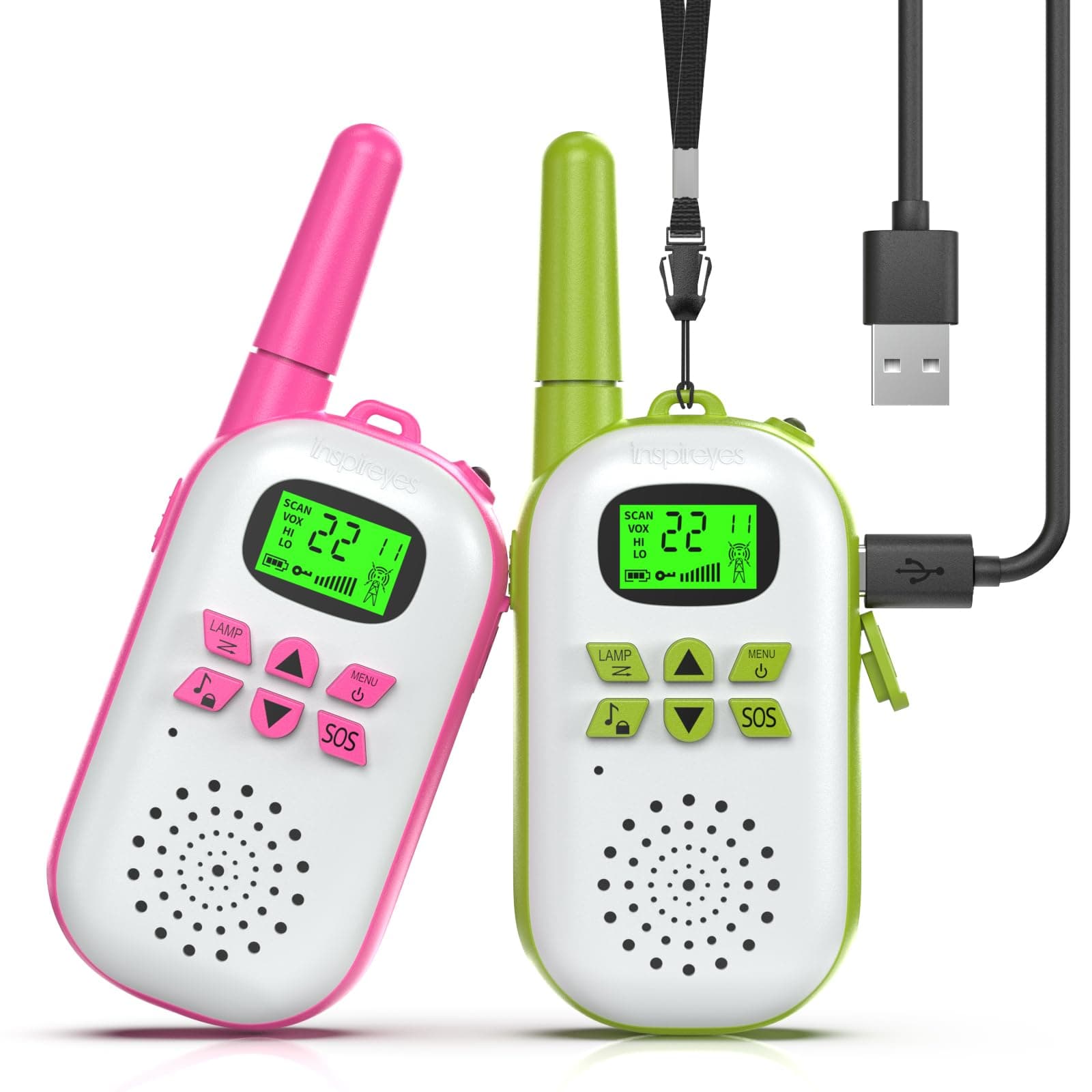 Inspireyes Walkie Talkie Niños Recargable, 48 Horas de Tiempo de Trabajo, 3 kilómetros de Largo Alcance, Regalos de Cumpleaños, Juguetes al Aire Libre para niños de 3 a 12 años, Paquete de 2