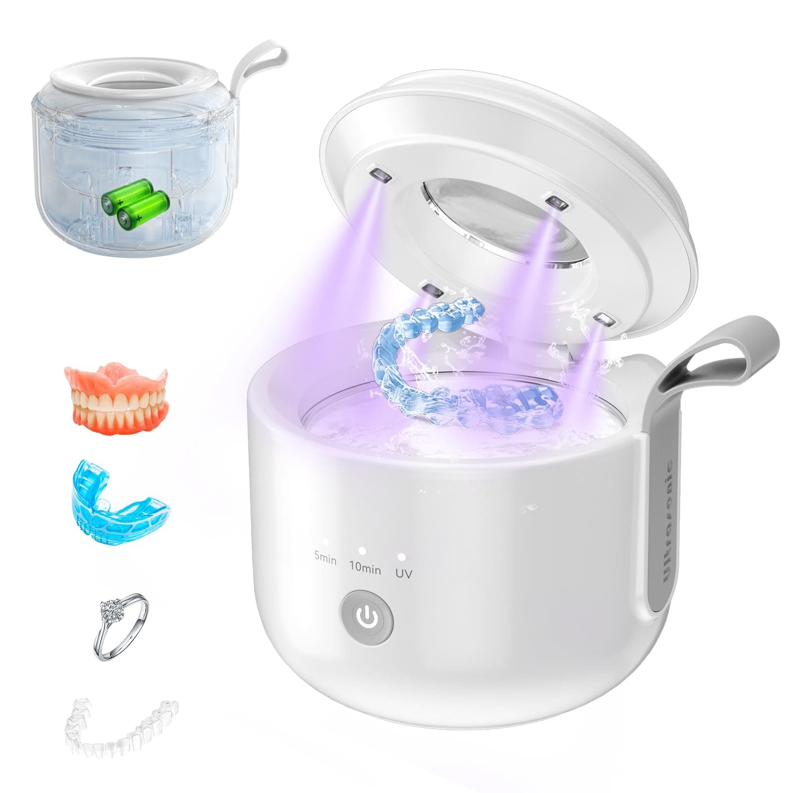 JeaTone Pulitore Ultrasuoni, 48kHz Portatile Pulitore Ultrasuoni Apparecchio Denti con Luce UV, 200ML Dental Cleaner Pod a 3 modalità per Protesi, Bite, Allineatori, Testine Spazzolino e Gioielli