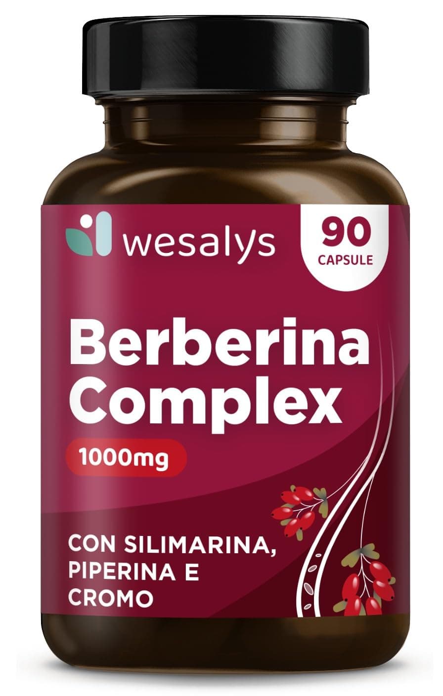 Berberina 1000mg pura alto dosaggio, Berberina Hcl | Con Silimarina, Piperina e Cromo per il Massimo Assorbimento, Integratore Made in Italy, Wesalys.