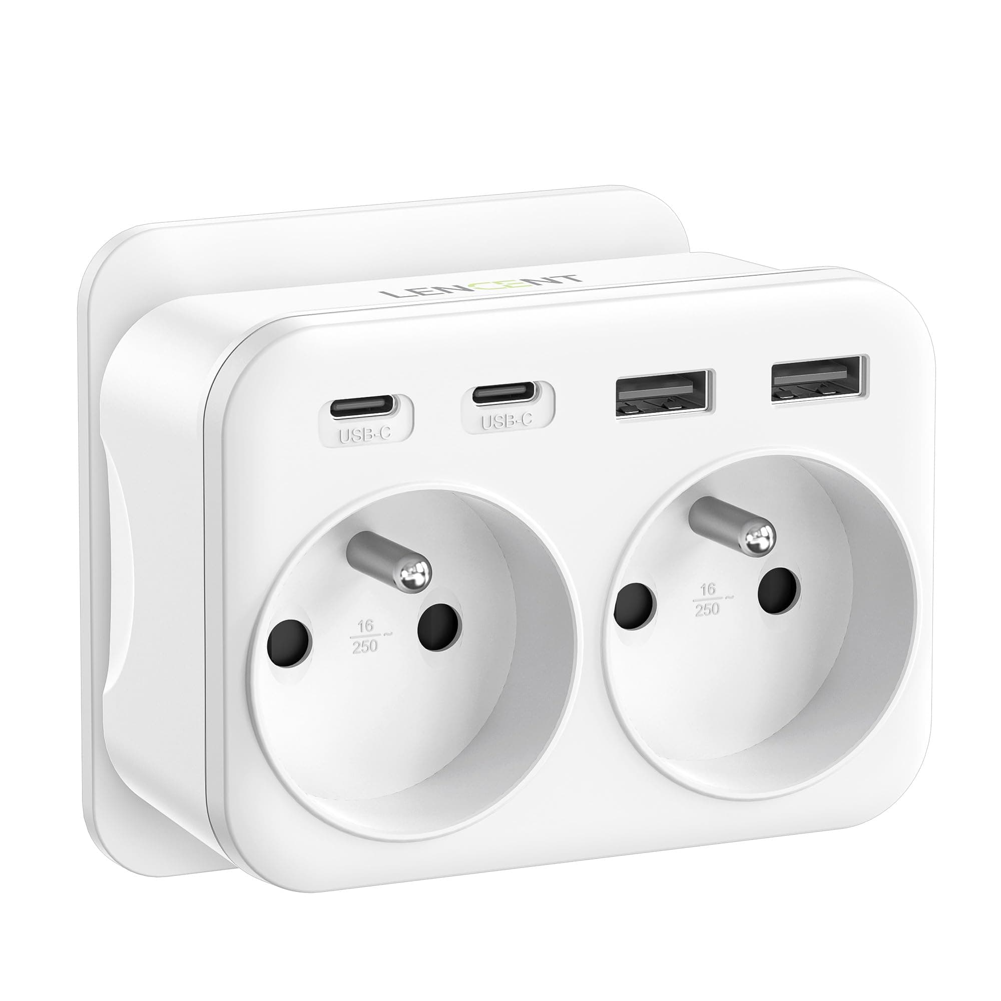 LENCENT Prise USB Secteur Chargeur, Multiprise Murale 6 en 1 avec 2 Sorties AC,2 Type C et 2 USB Multiprise duex Prise Françaises pour Chambre Cuisine Bureau