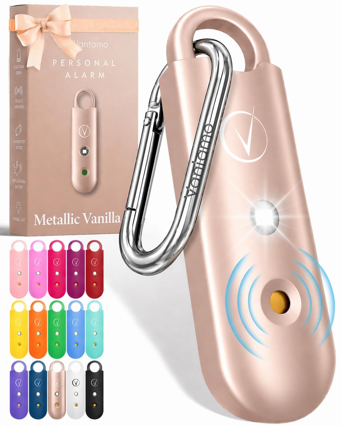 Vantamo Alarme Personnelle Anti Agression 130dB avec Double Haut-Parleur, Flash LED Puissant et Indicateur de Batterie Faible, Kit Defense Femme Compact pour Auto Defense avec Porte-clés pour Sac