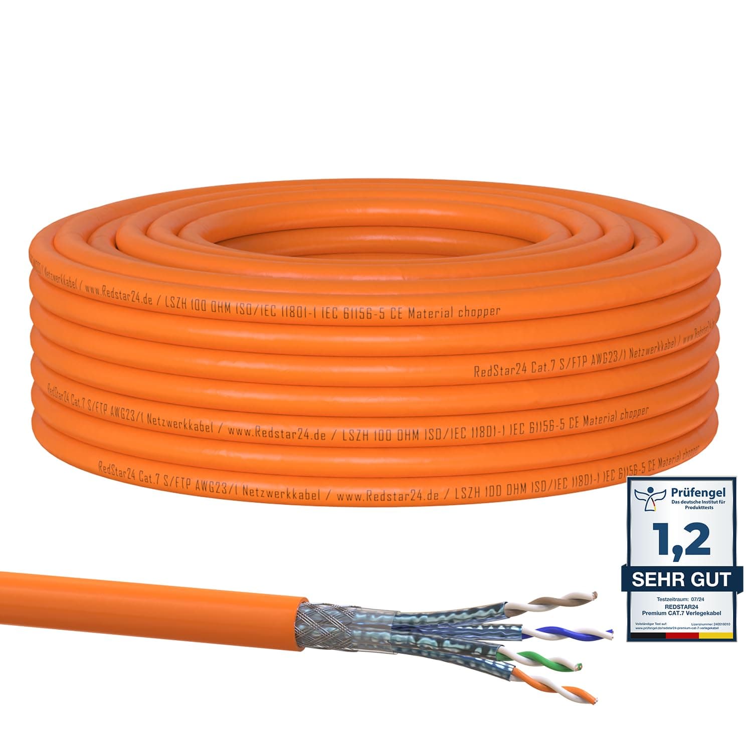 RedStar24 CAT 7 Cavo di rete 30m - Cavo Ethernet CAT7 Schermato - Cavo dati LAN Gigabit S/FTP, PIMF, PoE, 10Gbit/s, Senza alogenuri, Cavo di installazione in rame - 30 metri
