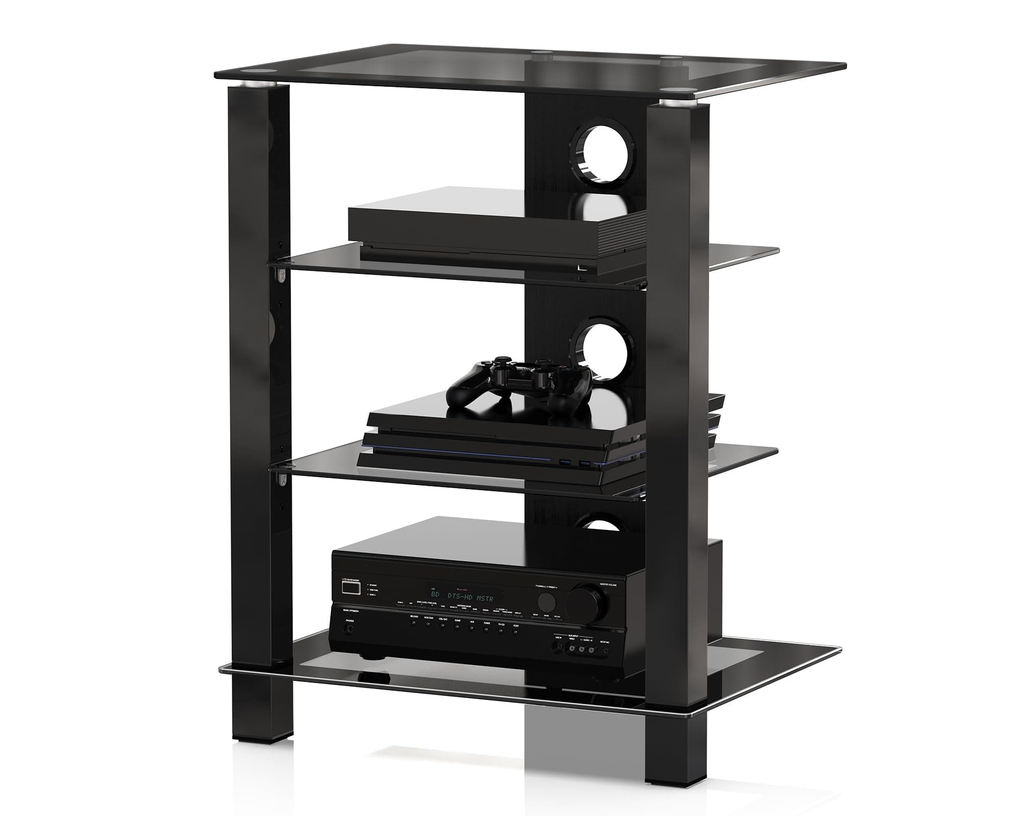 FITUEYES Meuble HiFi à 4 Niveaux, en Verre Trempé Noir, Convient pour Ampli/Platine/CD, avec Gestion des Câbles et Hauteur Réglable, Meuble Vinyle 57 × 42 × 74 cm, Charge Maximale 30 kg.