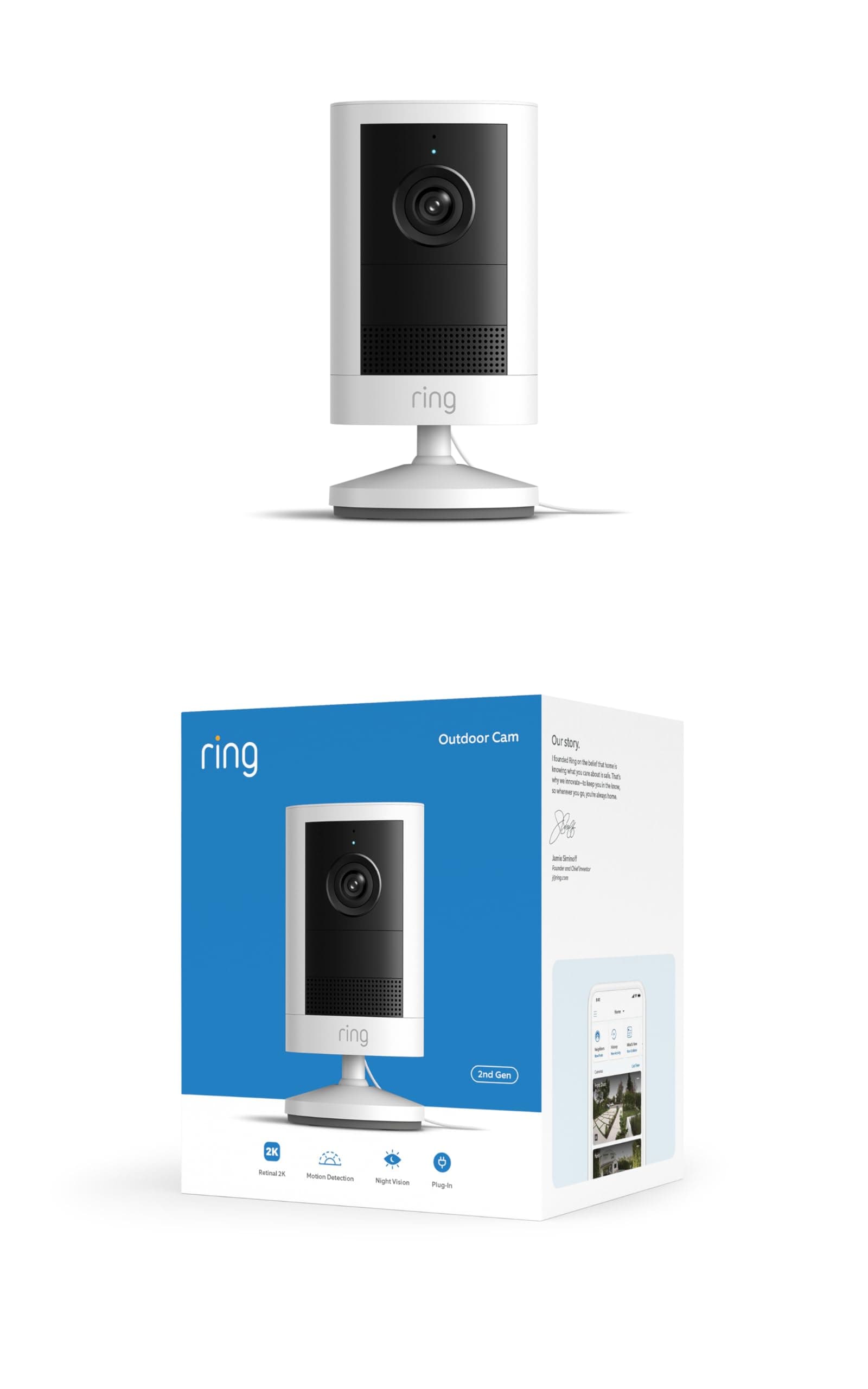 Ring Outdoor Camera 2K, Sur secteur (nouvelle génération), À installer soi-même, Vidéo Retinal 2K grand-angle, Zoom jusqu'à 6x et vision nocturne améliorée, Blanc
