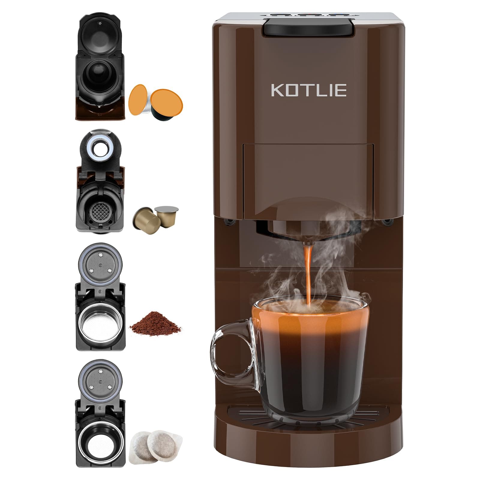 KOTLIE Macchina Da Caffè Capsule 4 in1,Per NES/DG/Caffè Macinato/ESE PadS(44mm),19Bar,800ML(AC-513K)(MARRONE