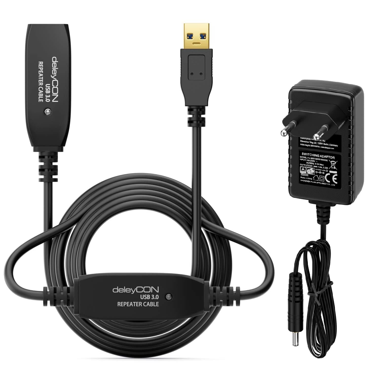 deleyCON 15m Câble USB 3.0 Actif Extension avec 2 Amplificateur de Signal et Alimentation Câble Répéteur USB3.0 Câble d'Extension PC Ordinateur Imprimante Scanner