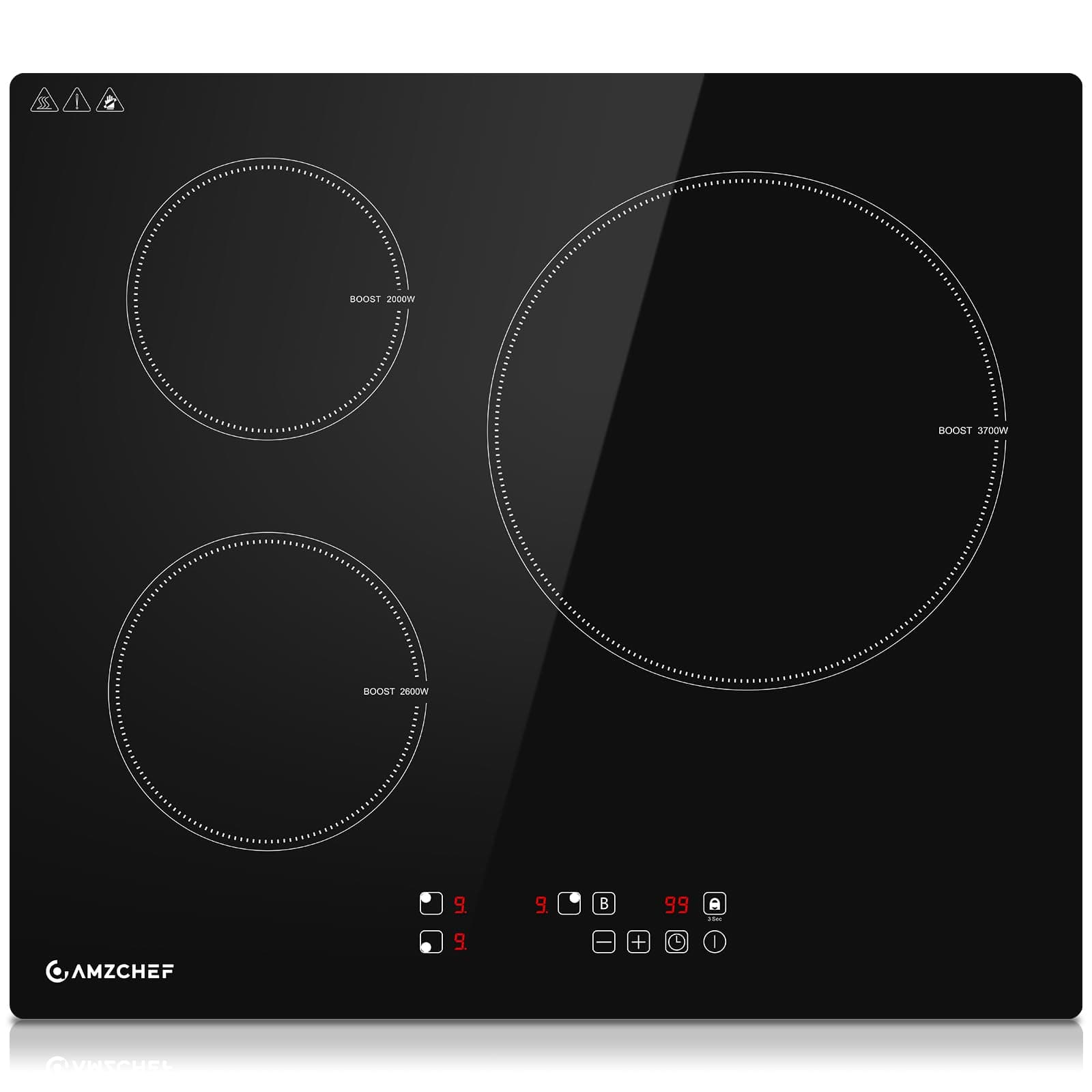 AMZCHEF Placa de Inducción 60cm, Induction Hob con 9 Niveles de Potencia y Boost, Bloqueo de Seguridad y Temporizador, Protección Contra Sobrecalentamiento, Pantalla Táctil LED, Empotrable, 7400W