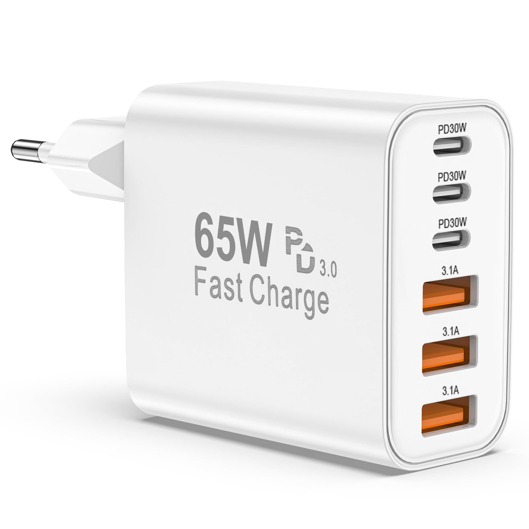 BSTOEM Cargador Carga Rapida USB C 65W 6 Puertos rapido, Múltiple 25W (MAX) Rápido Enchufe Adaptador, Tipo C Movil para iPhone 17 16 15 14 13 12 11 Plus Pro MAX X XS XR, para iPad, para Samsung Charger