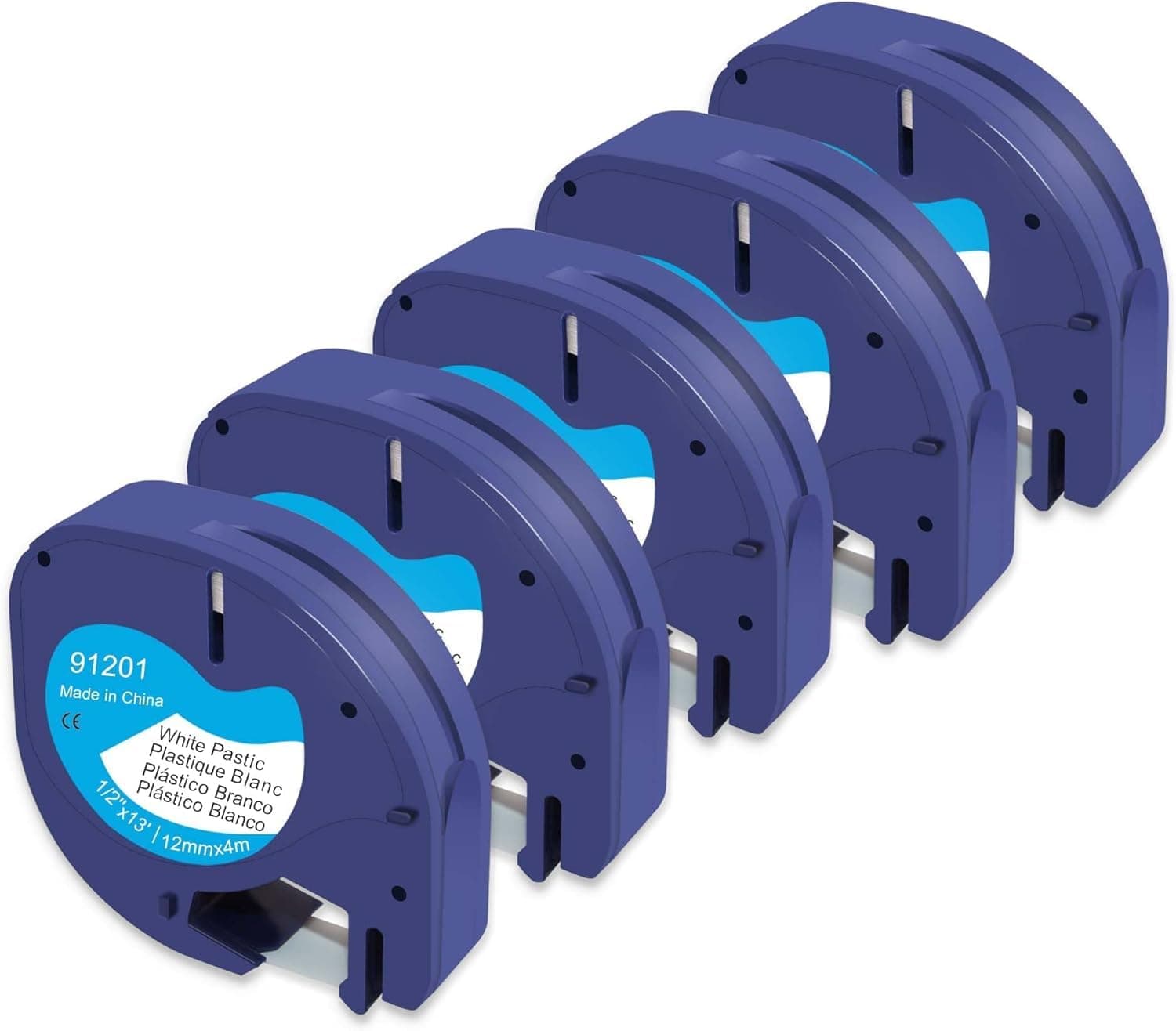 Molabel Lot de 5 rubans compatibles avec Dymo LetraTag 91221 S0721610 91201 – Plastique noir sur blanc 12mm x 4m – Pour LT-100H LT-110T imprimantes étiqueteuses