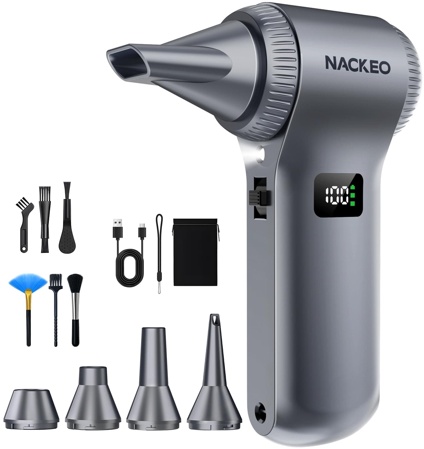 NACKEO Souffleur Air Comprimé 230000 TR/Min, Soufflette Électrique avec Batterie 10500 mAh et Lampe LED, Mini Souffleur Puissant avec 100 Niveaux de réglage, idéal pour Nettoyer PC, Clavier, Voiture