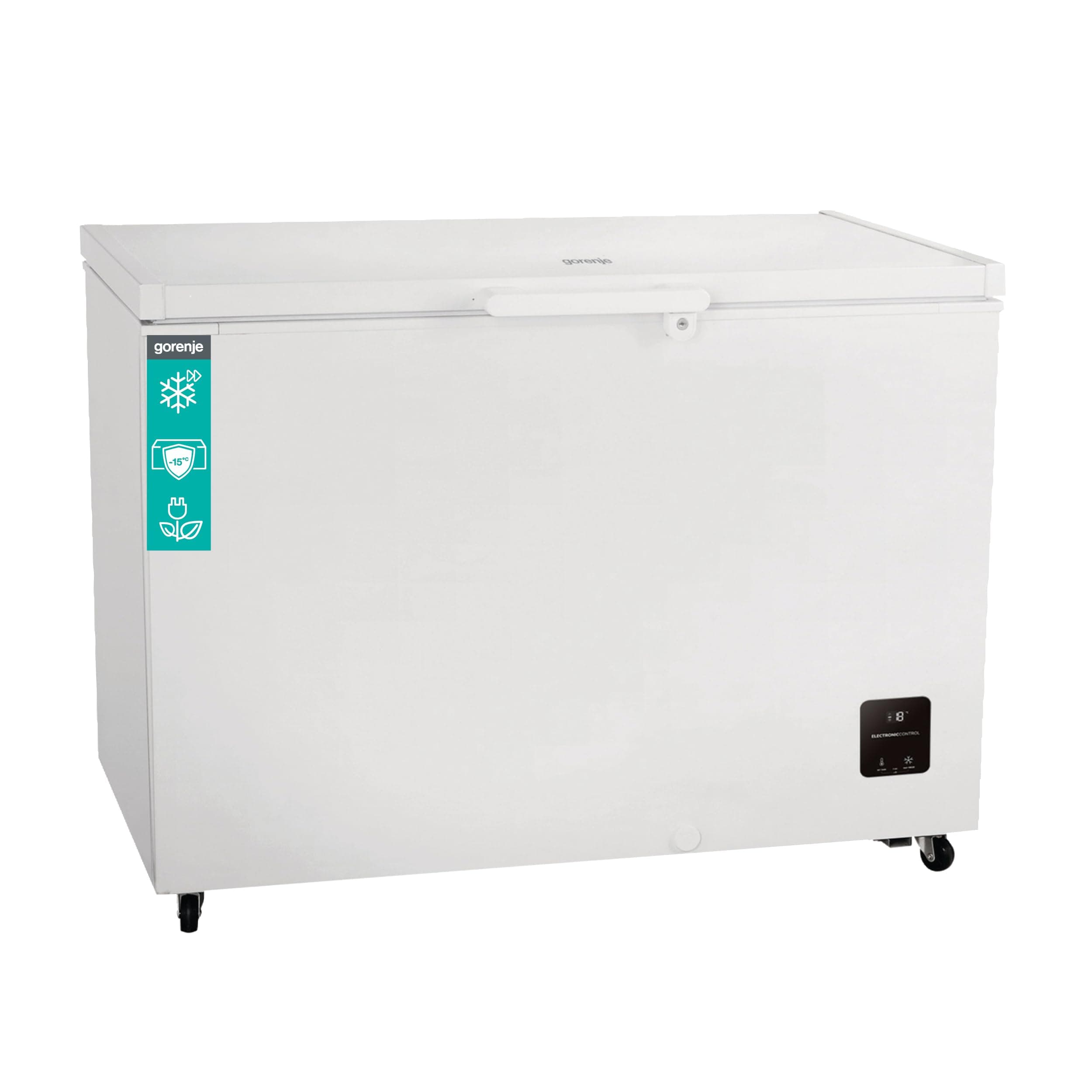 Gorenje FH30DAW Gefriertruhe mit Rollen, 111,4cm Breite, 297 Liter, Gefrierschutz unten -15℃, Elek, Kontrolle, Inverter, Sicherheitsschloss, FastFreeze, BxHxT: 111,4×84,7×63 cm, Weiß
