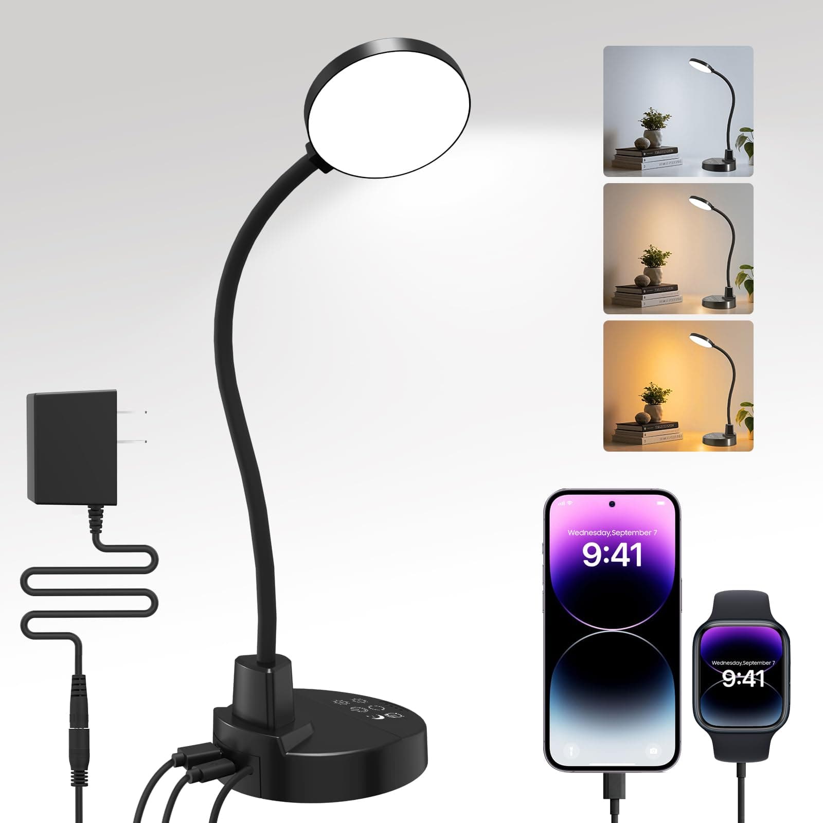 ZAPLIT Lámpara de escritorio LED de 15W con USB-A y USB-C – Regulable, 3 temperaturas de color, 5 niveles de brillo, 4 temporizadores, cuello de cisne flexible de 360°, protección de los ojos